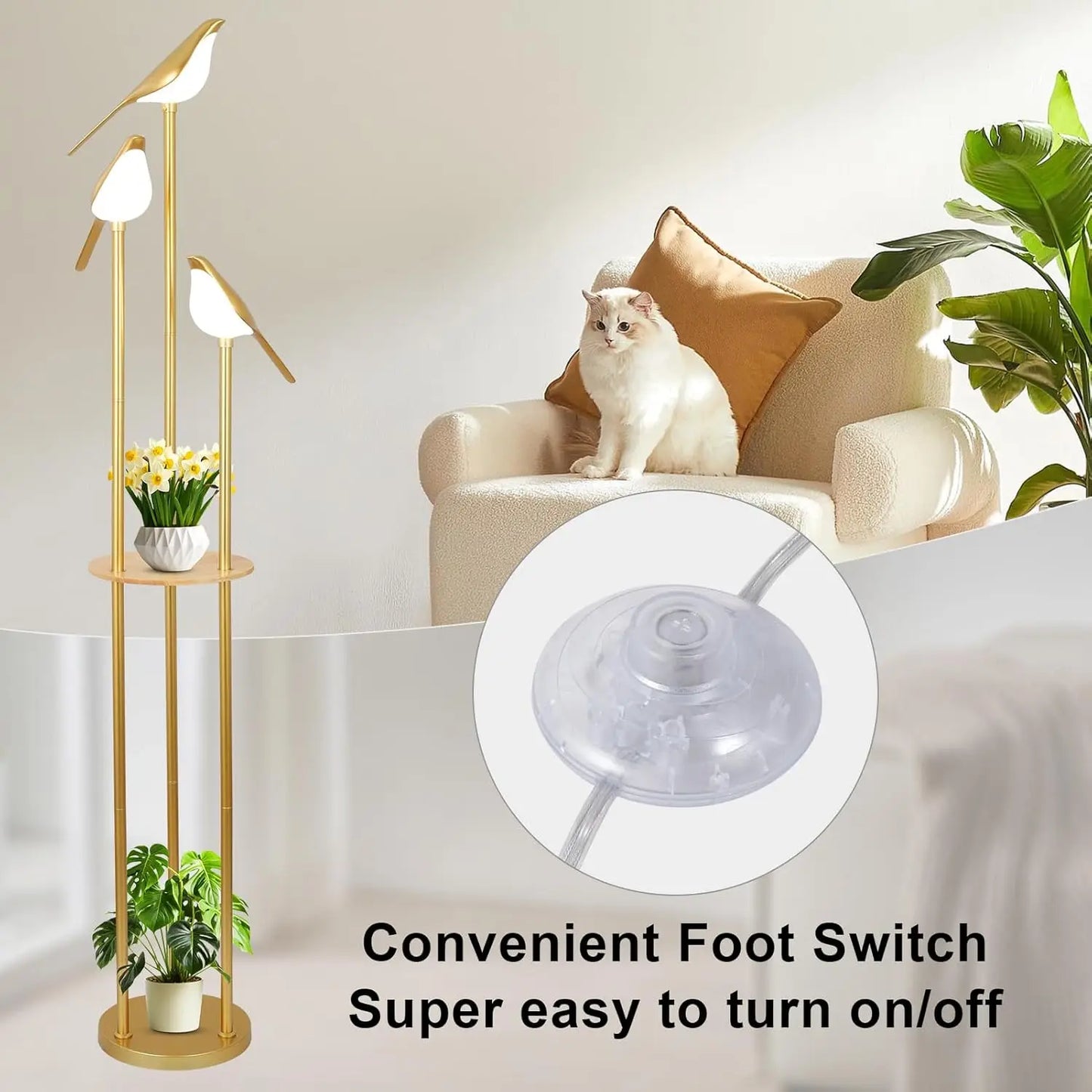 Modern Gold Floor Lamp With Adjustable LED Bird Lights And Wood Shelf
