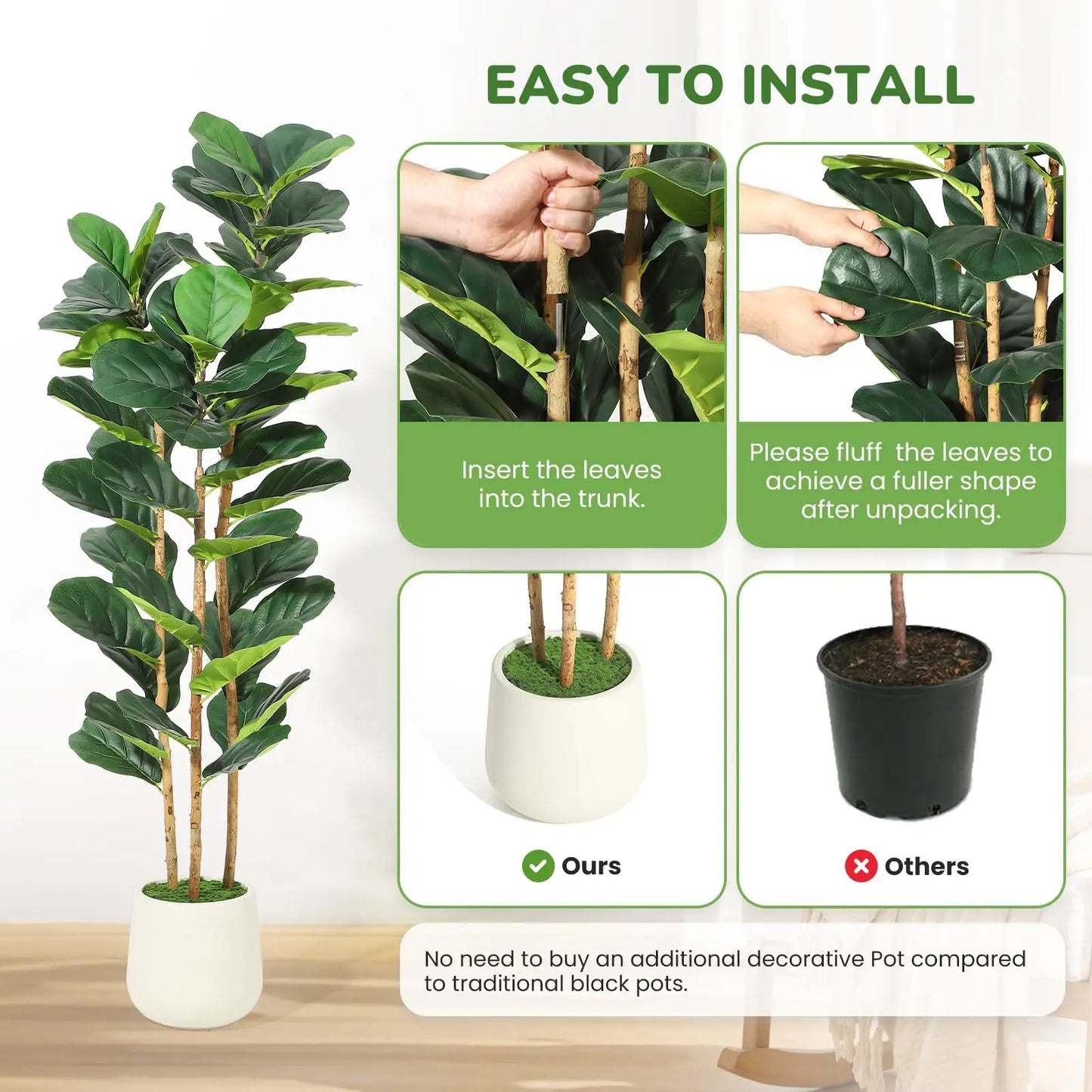 Artificial Fiddle Leaf Fig Tree With White Planter For Home Decor