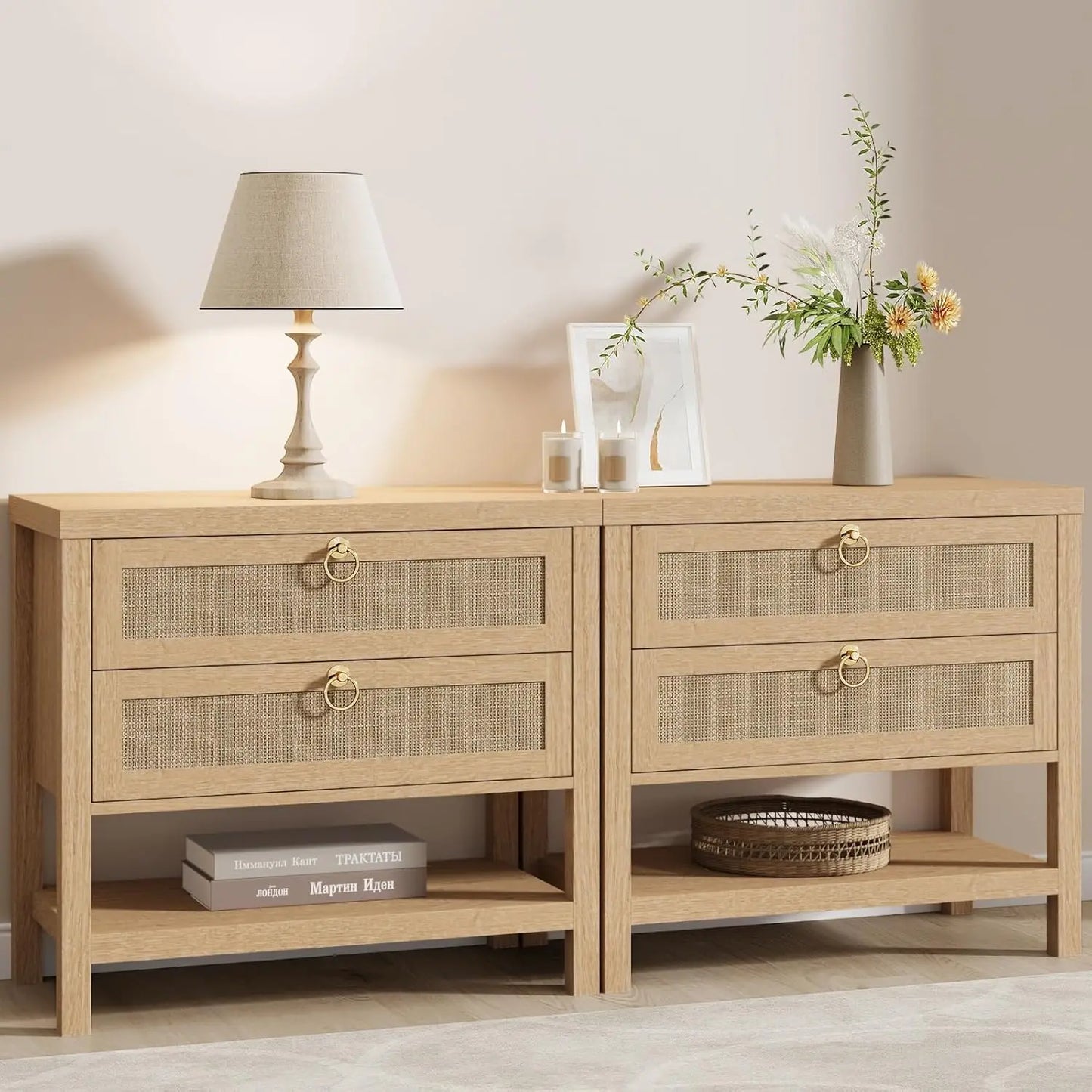 Rattan Nightstands Set of 2 Boho Style Bedroom End Tables