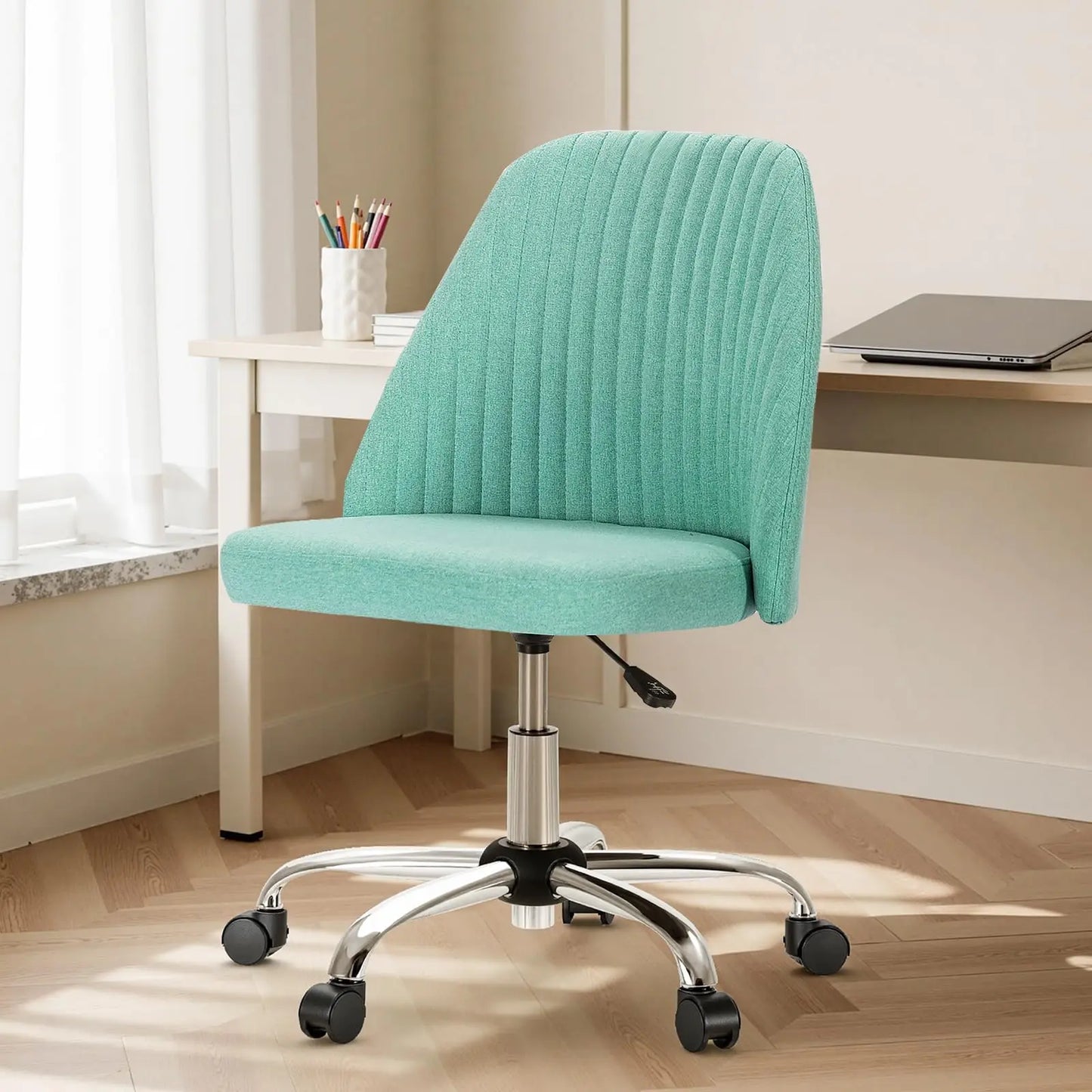 Height Adjustable Armless Vanity Office Chair With Rolling Wheels