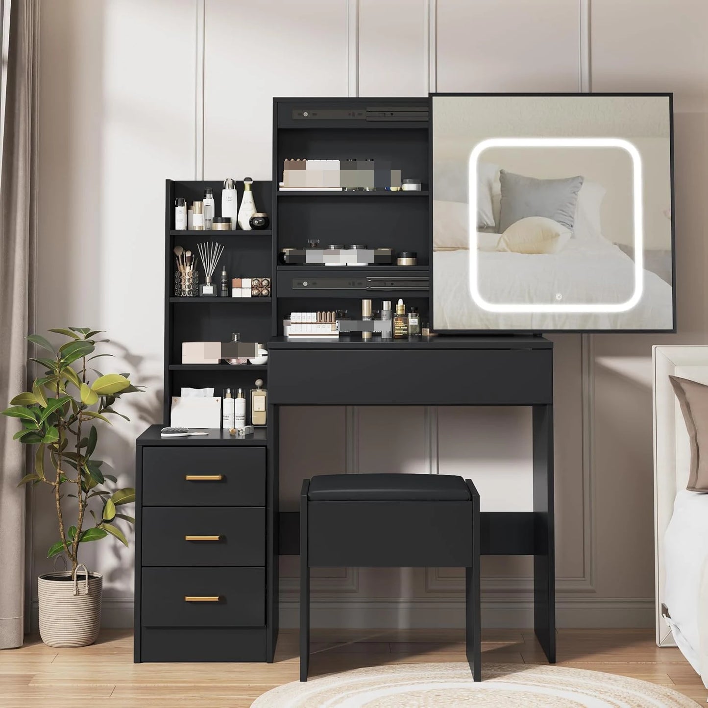 HiMISS Vanity Desk With Sliding Lighted Mirror And Storage