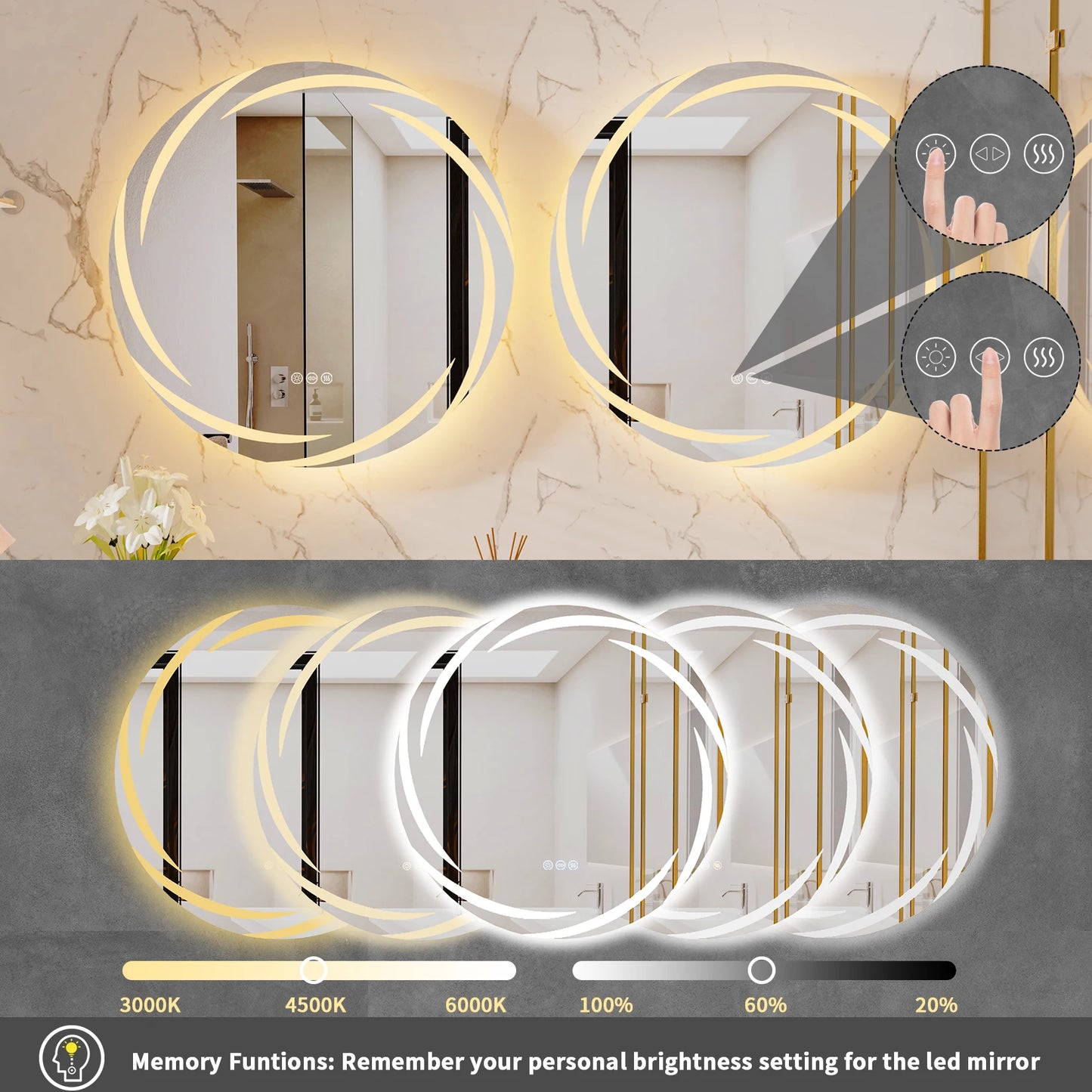 LED Backlit Anti-Fog Round Bathroom Mirror With Adjustable Lights
