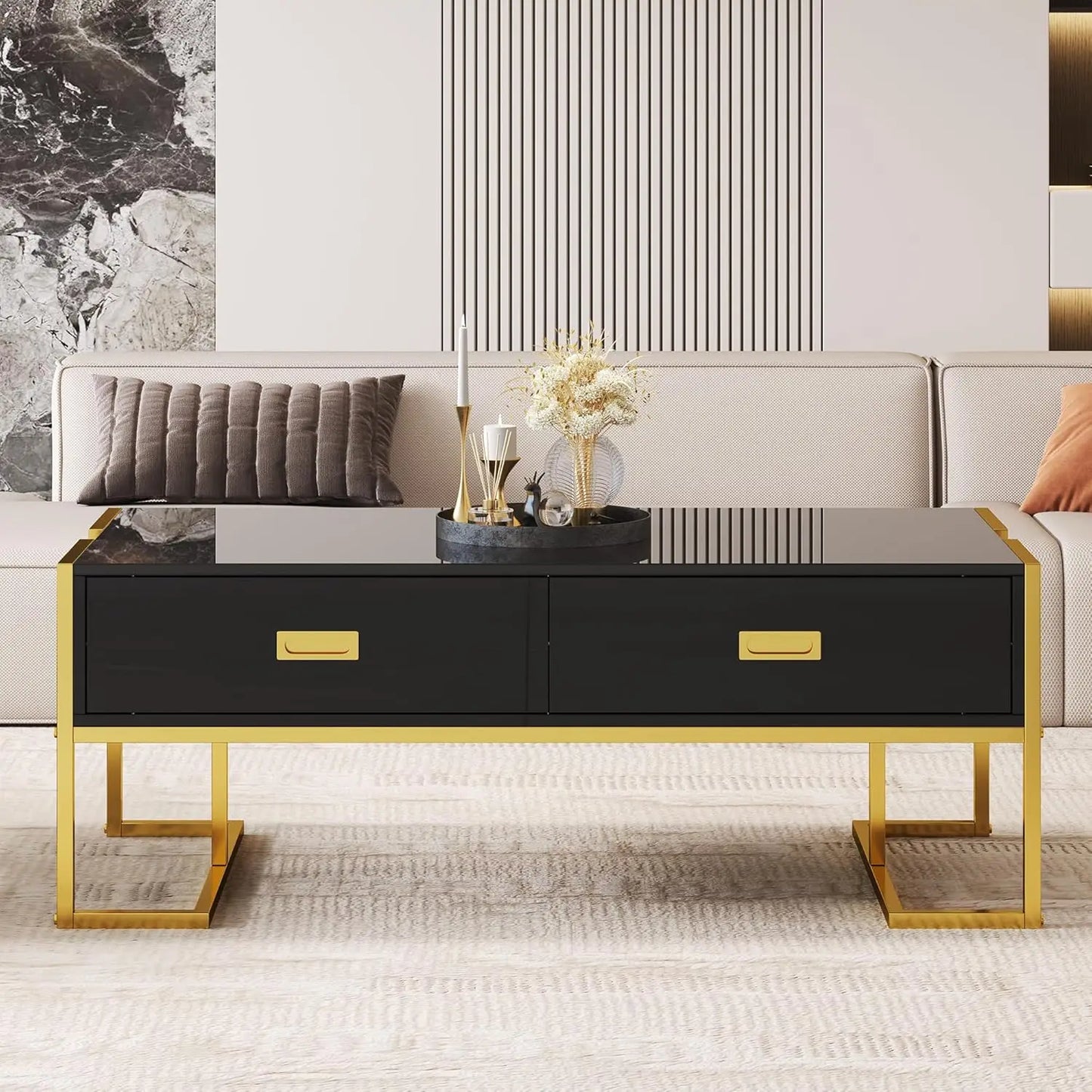 Rectangular Bamboo Coffee Table With Four Drawers And Metal Base