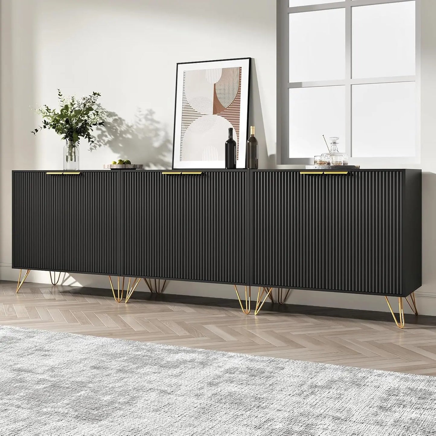 Buffet Cabinet Set Of 3 Storage Cabinets With Metal Legs And Adjustable Shelves