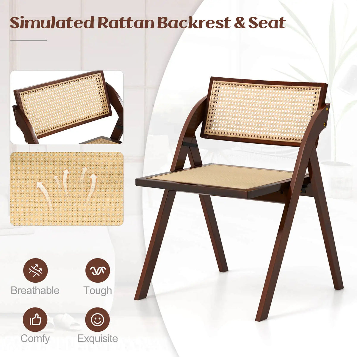 Homasis Foldable Rattan Dining Chairs with Wood Frame