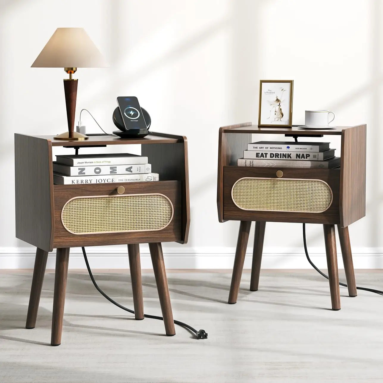Mid Century Modern Nightstands Set With Drawers Solid Wood Legs