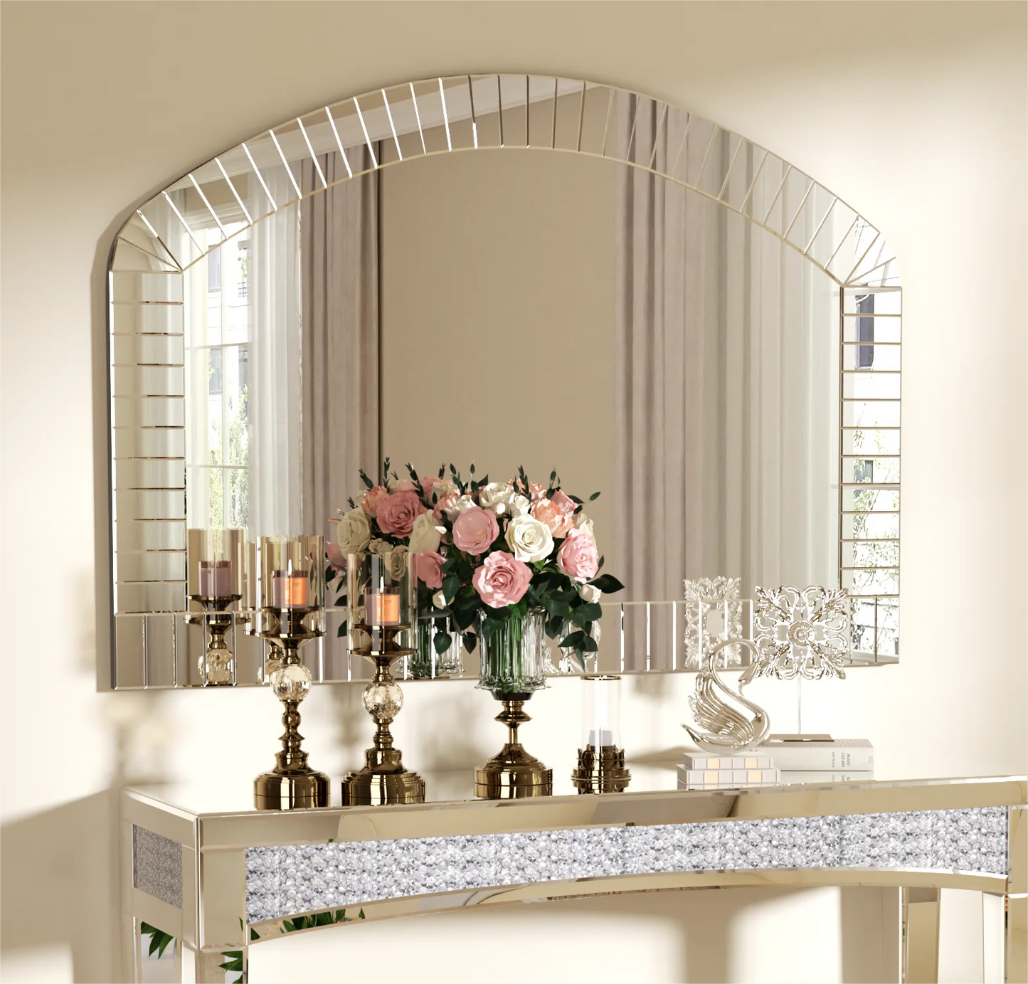 Arched Wall Mirror With Bling Beveled Edge In Silver Glass