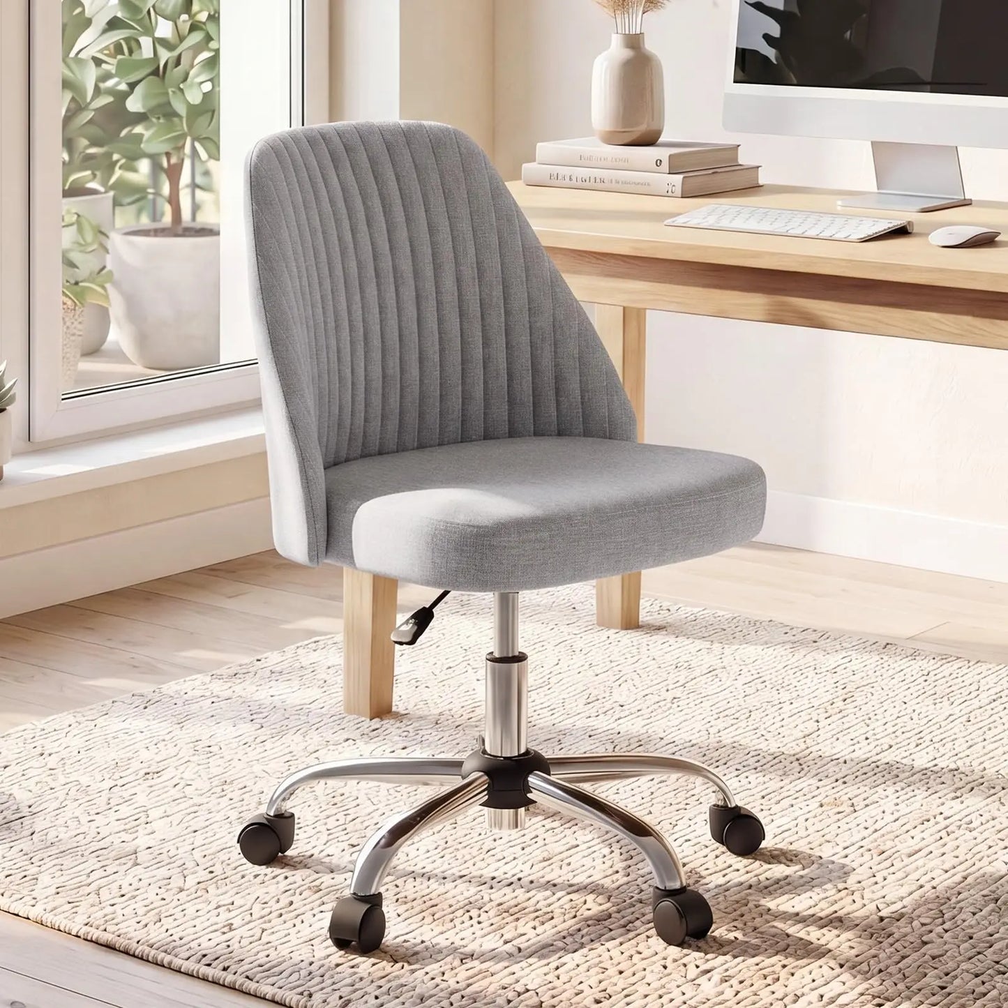 Height Adjustable Armless Vanity Office Chair With Rolling Wheels