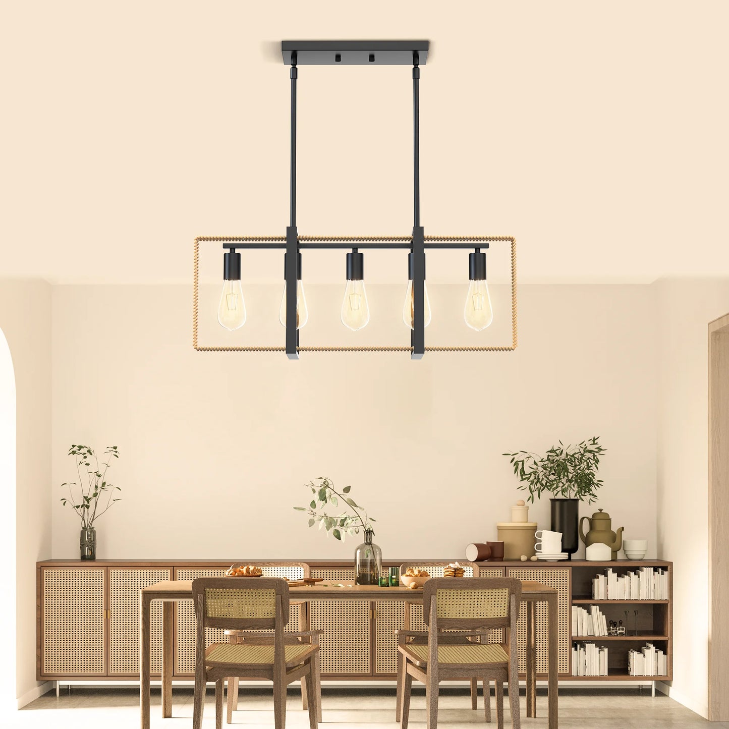TWISTER.CK Five Light Rattan Pendant Ceiling Light Farmhouse