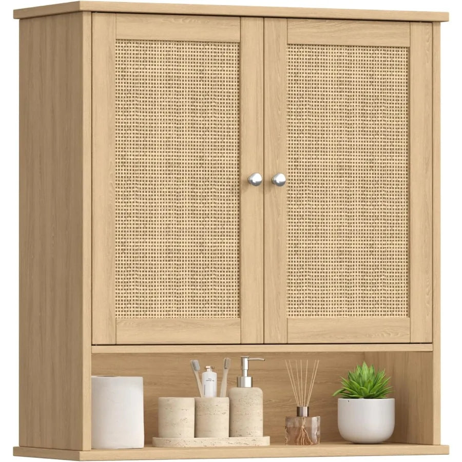 XIUWO Modern Medicine Cabinet With Adjustable Shelf And Rattan Doors