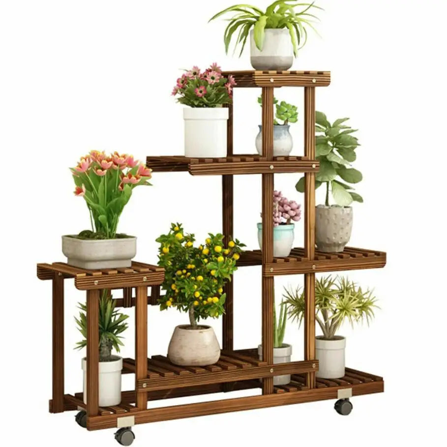WisforFrame Five Tier Wood Plant Stand Rack With Wheels
