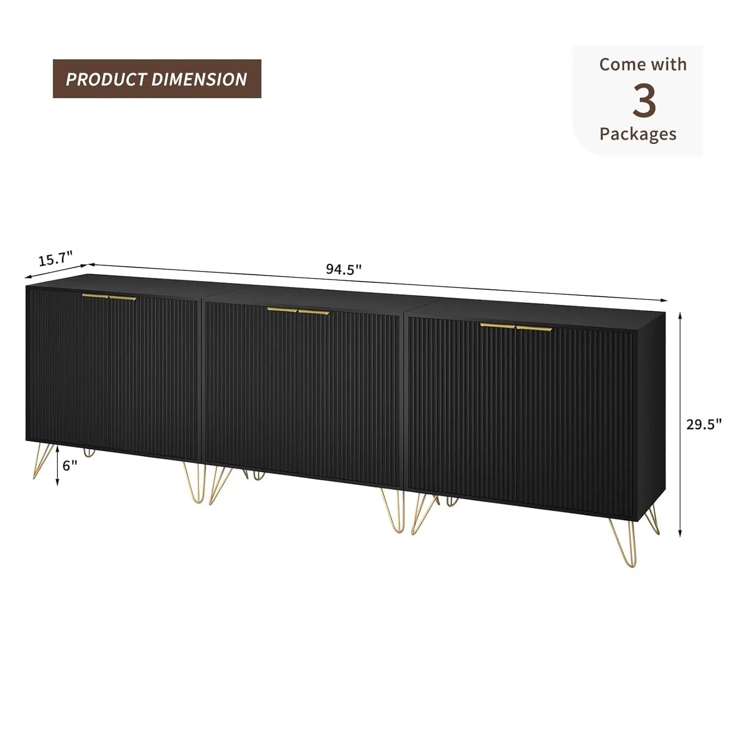 Buffet Cabinet Set Of 3 Storage Cabinets With Metal Legs And Adjustable Shelves