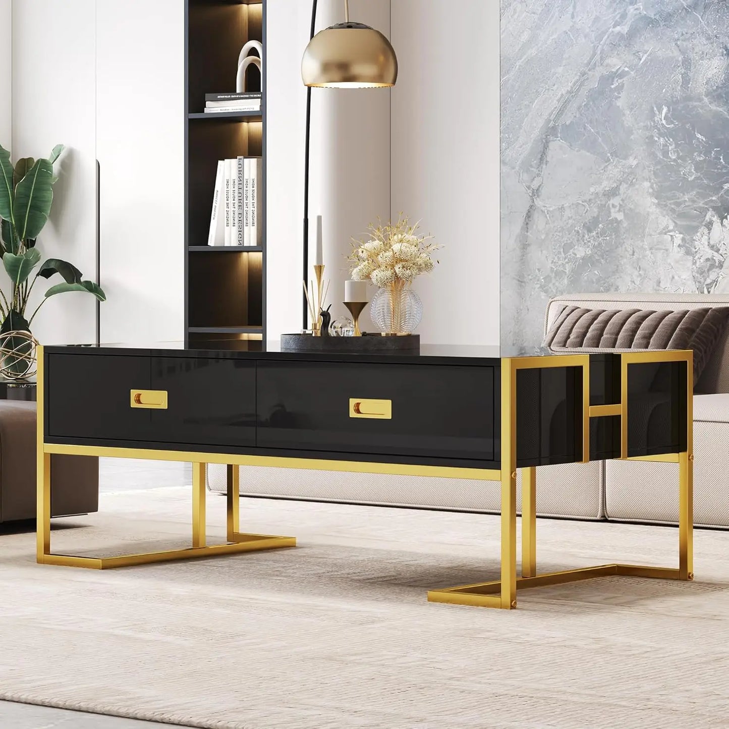 Rectangular Bamboo Coffee Table With Four Drawers And Metal Base
