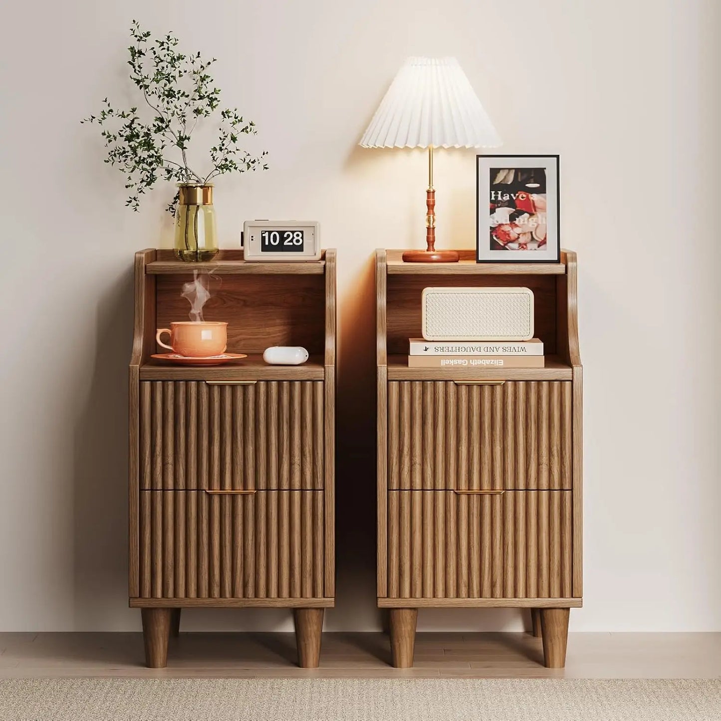 Frame Narrow Nightstand Set Of 2 With 2 Drawers Fluted