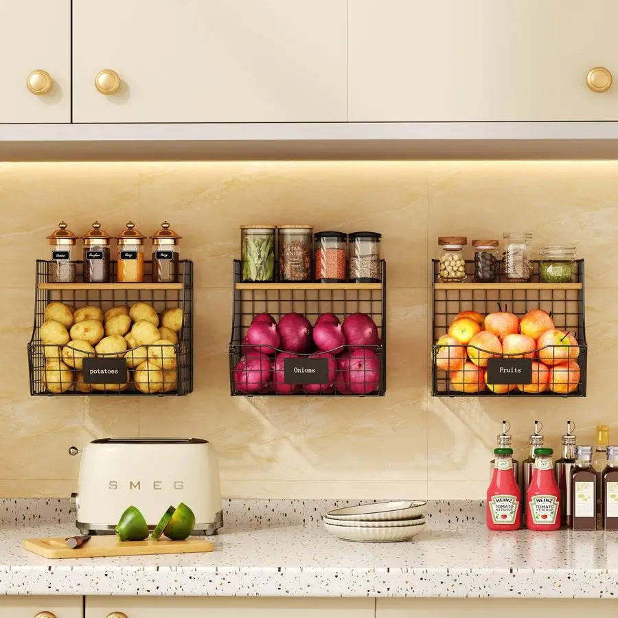 Pack Fruit Basket for Kitchen with Wood Lid CounterampWall Mounted Onion and Potato Storage with Nameplate, Stackable Storage Ba