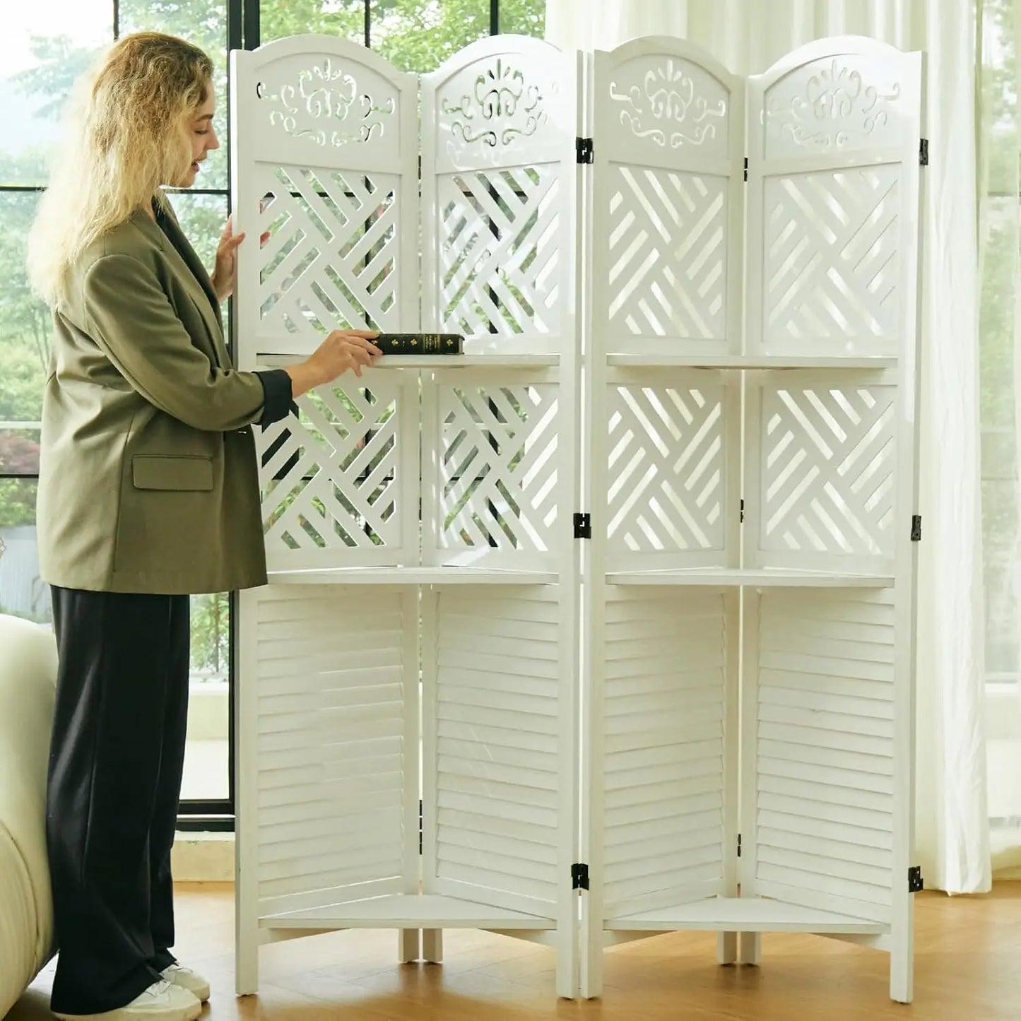 Wood Folding Privacy Screen Partition With Shelves For Home Use