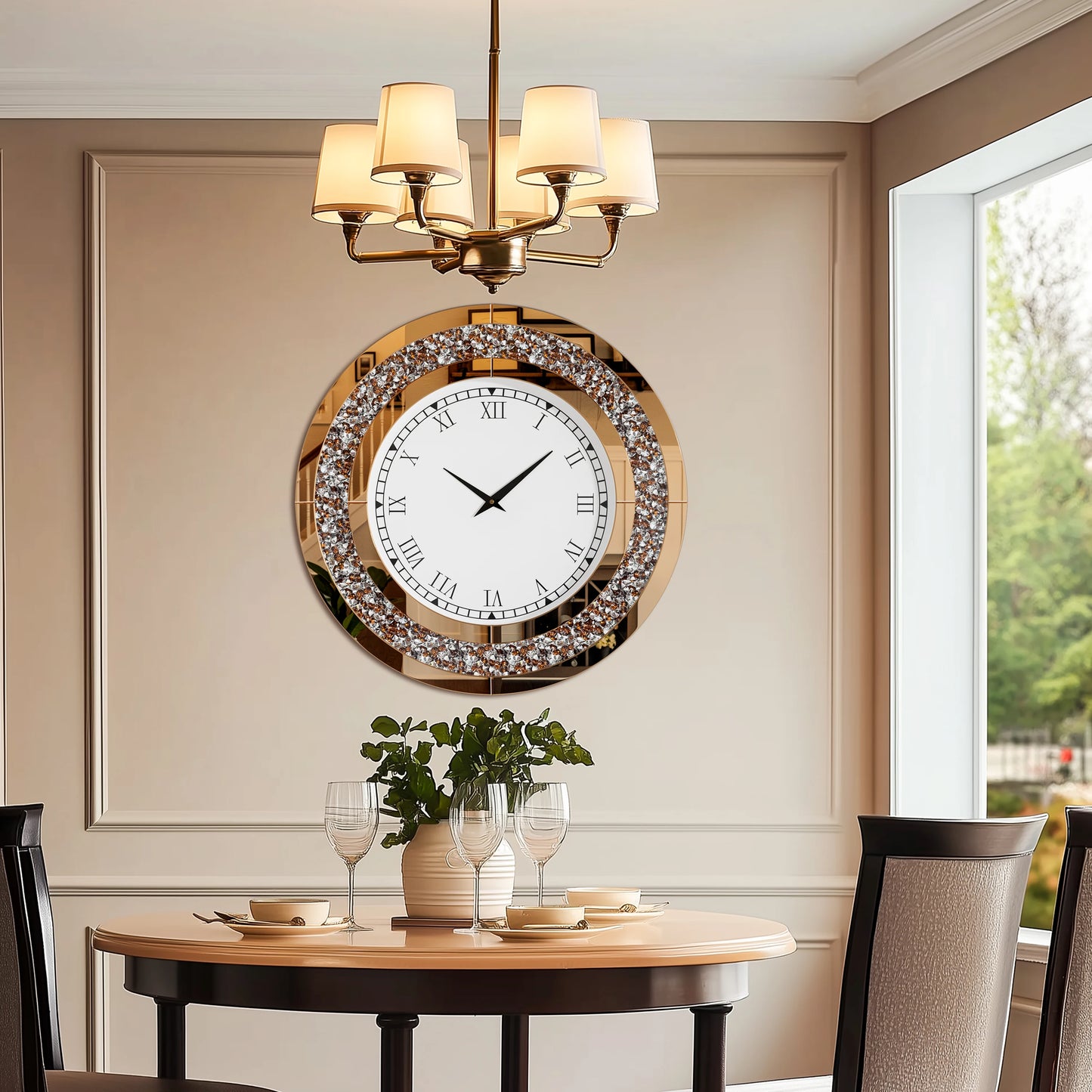 Round Mirrored Wall Clock With Crystals For Sparkling Decor