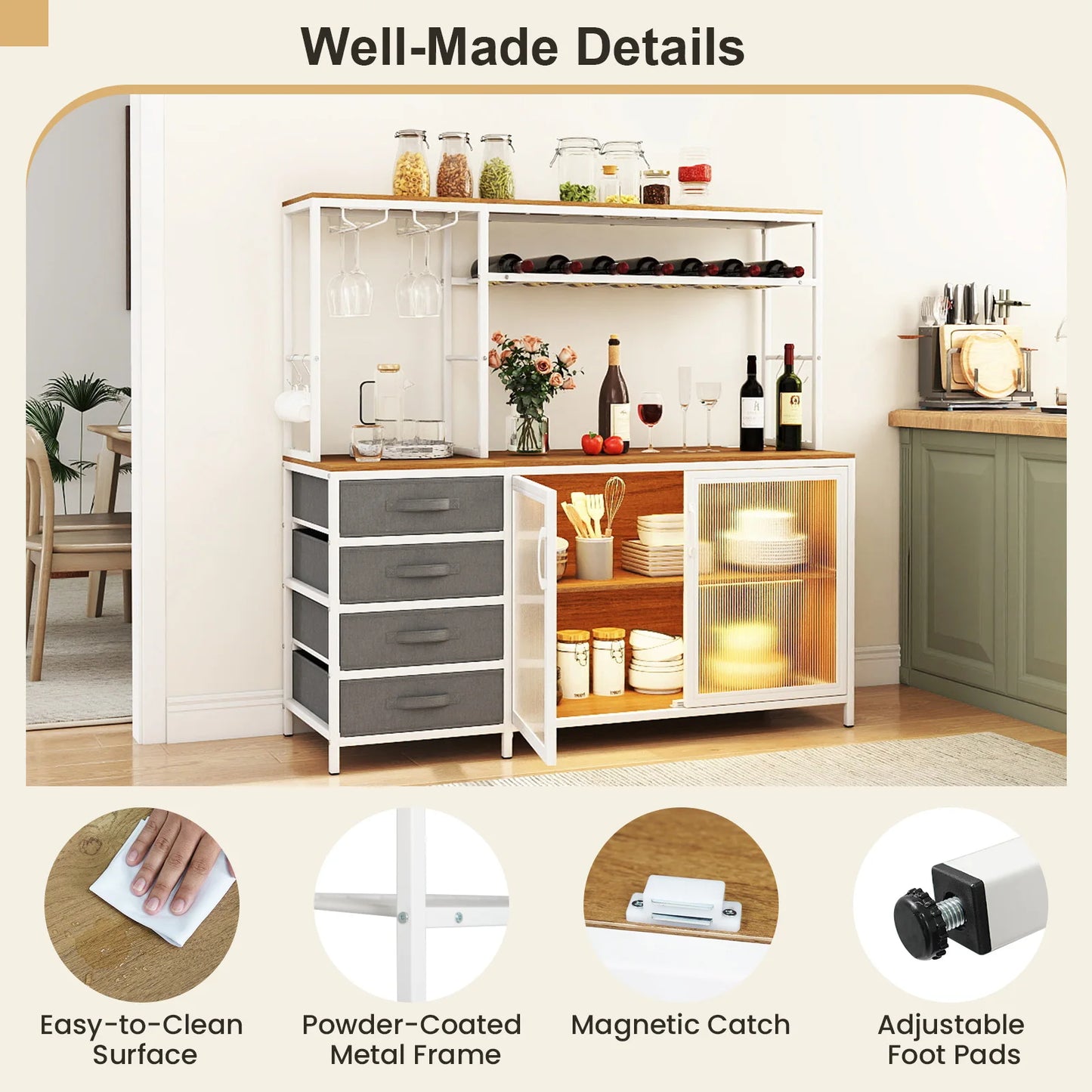 HOMASIS Sideboard Buffet Cabinet With LED Lights And Power Outlets