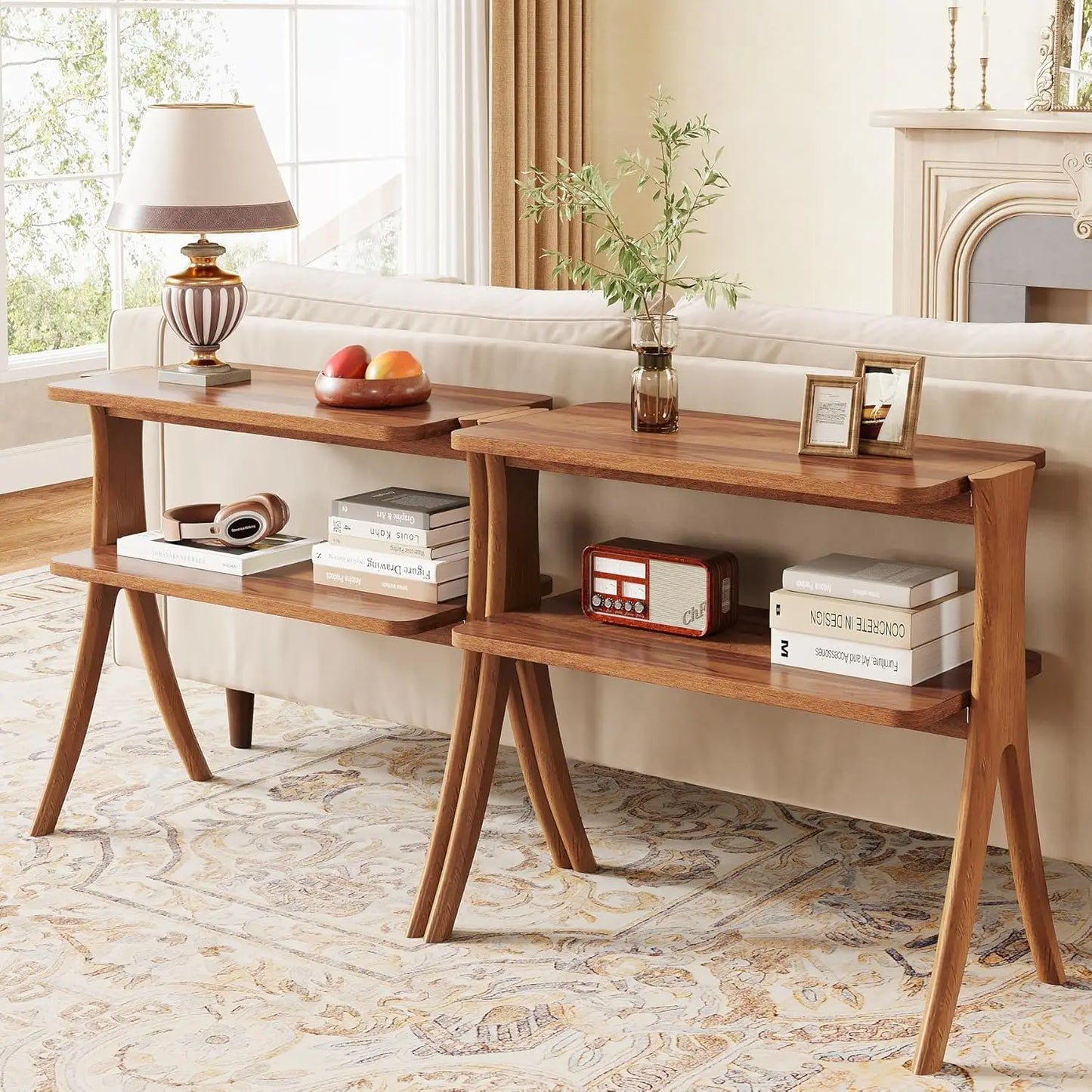 LITTLE TREE Side Table Farmhouse End Table Two Tier Storage