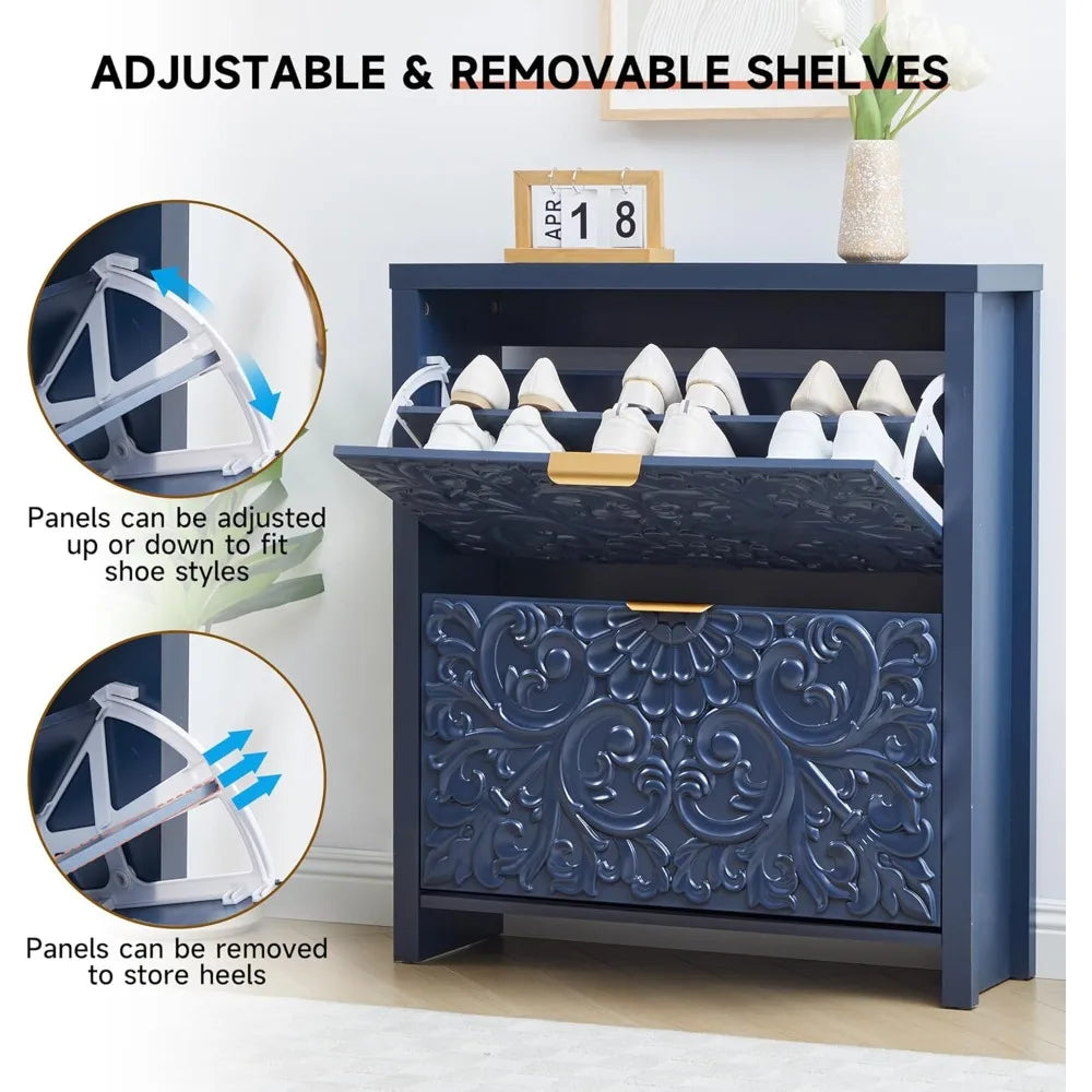 Slim Shoe Cabinet With Flip Drawers 2 Tier Organizer