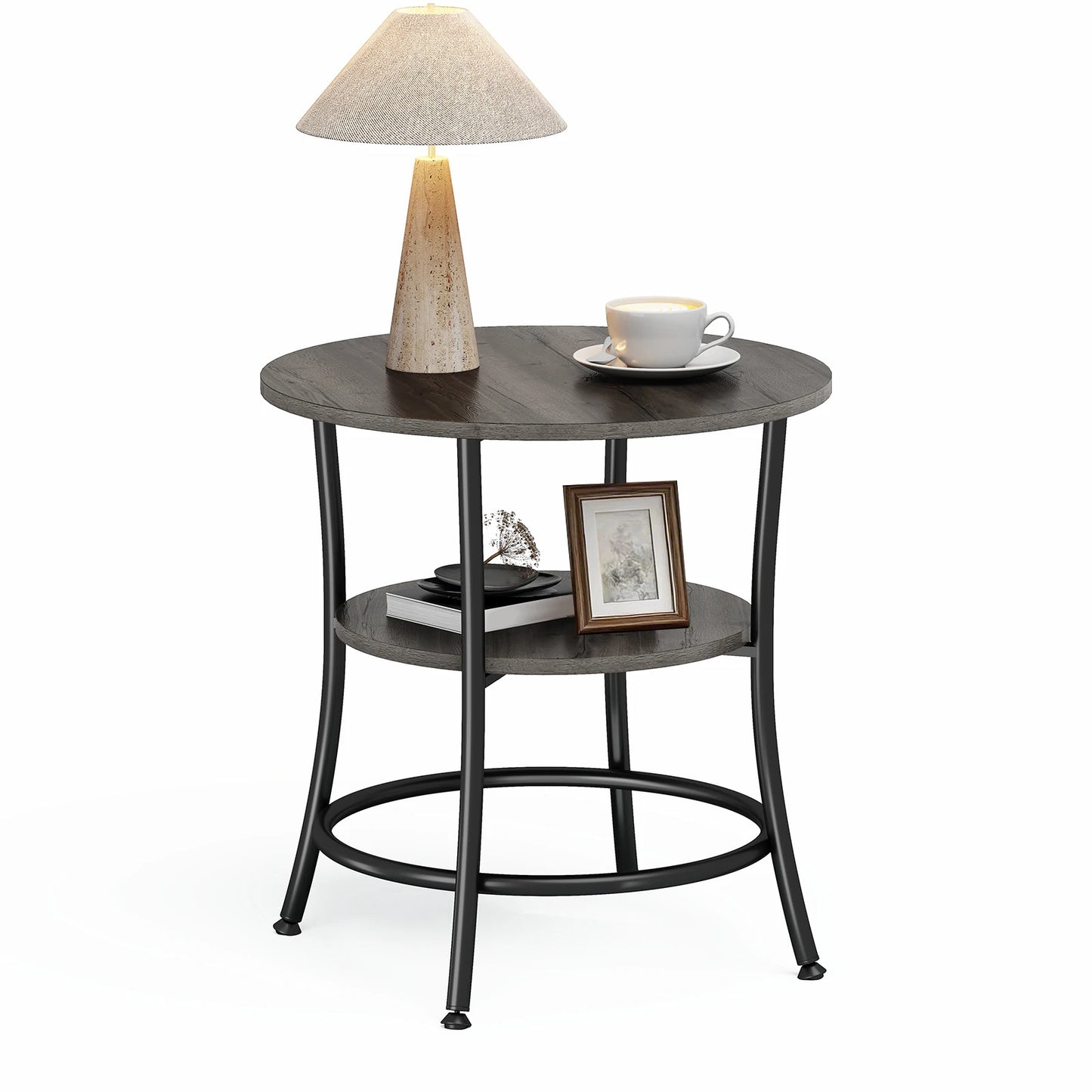 JHK Two Tier Round Coffee Table Metal Frame Storage Shelf