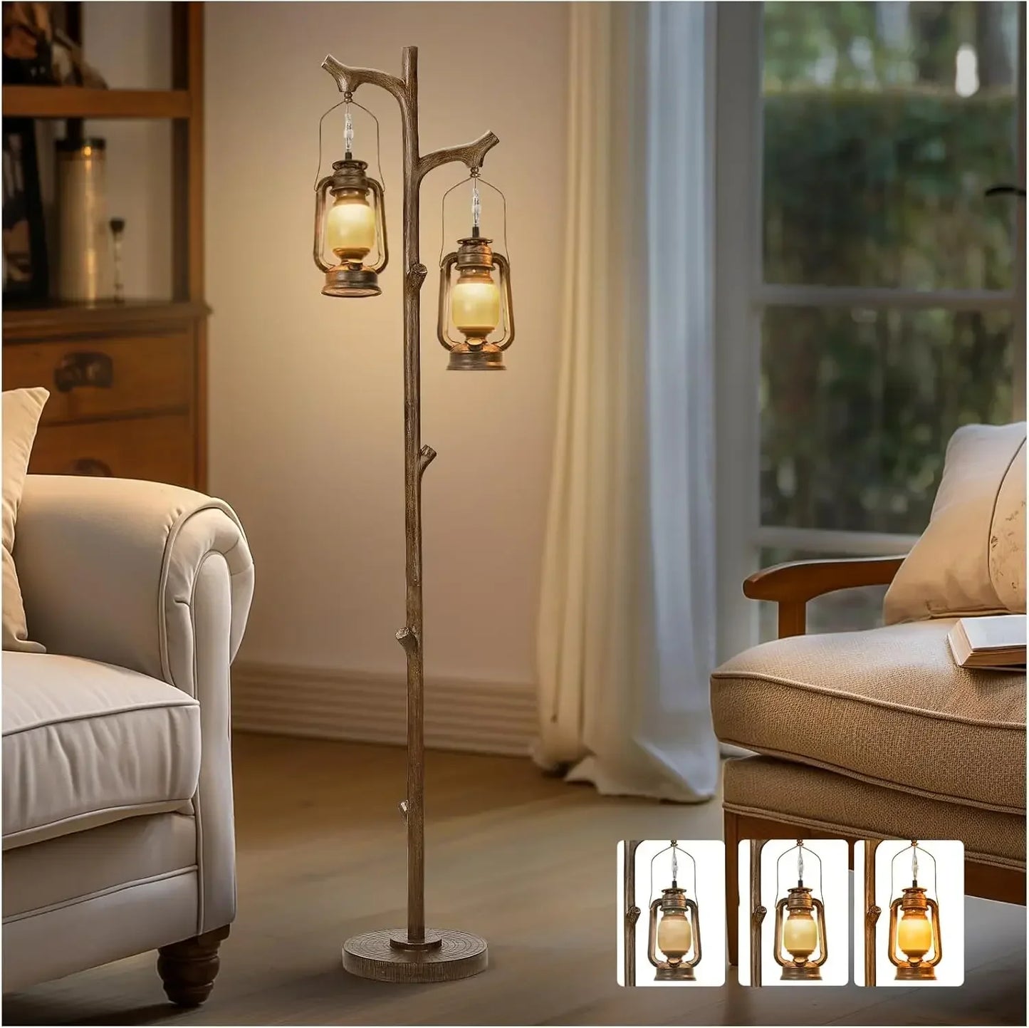 Rustic Farmhouse Tree Trunk Floor Lamp Lantern Dimmable
