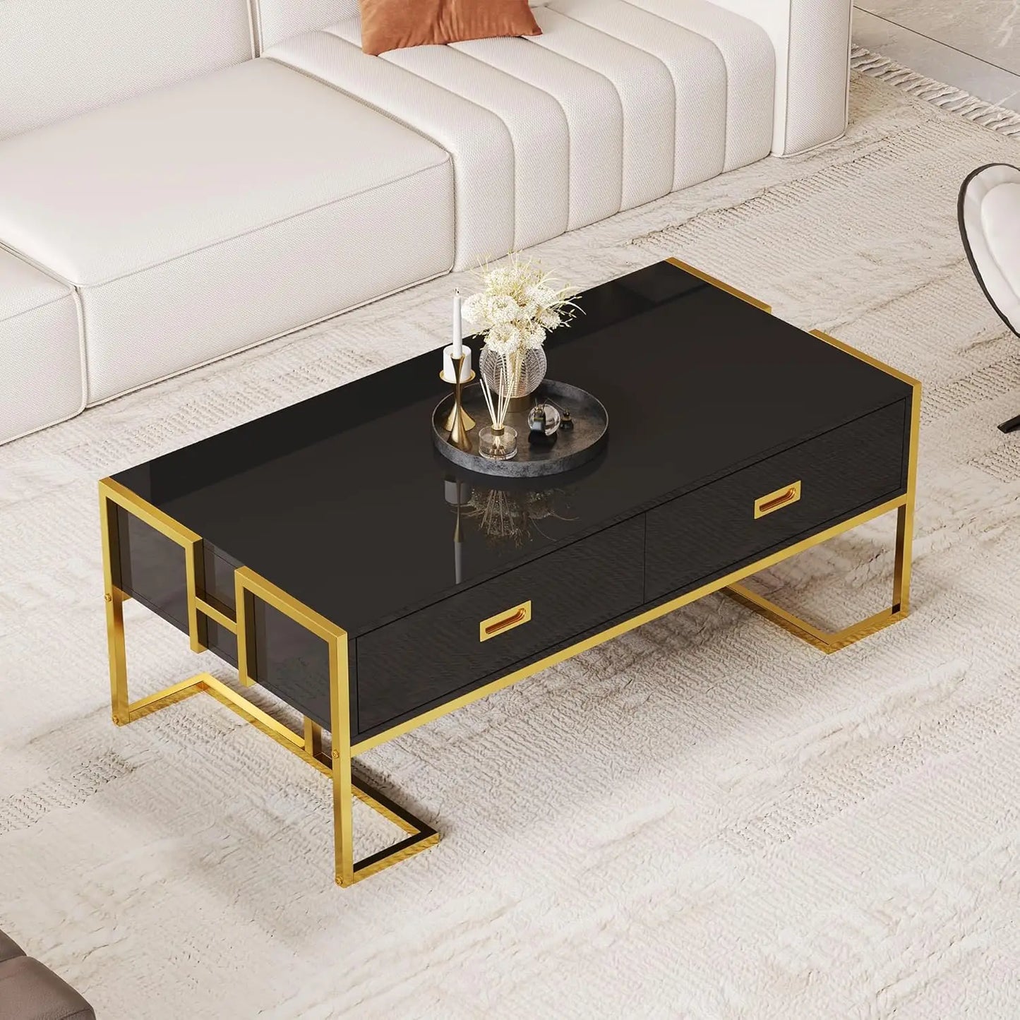 Rectangular Bamboo Coffee Table With Four Drawers And Metal Base