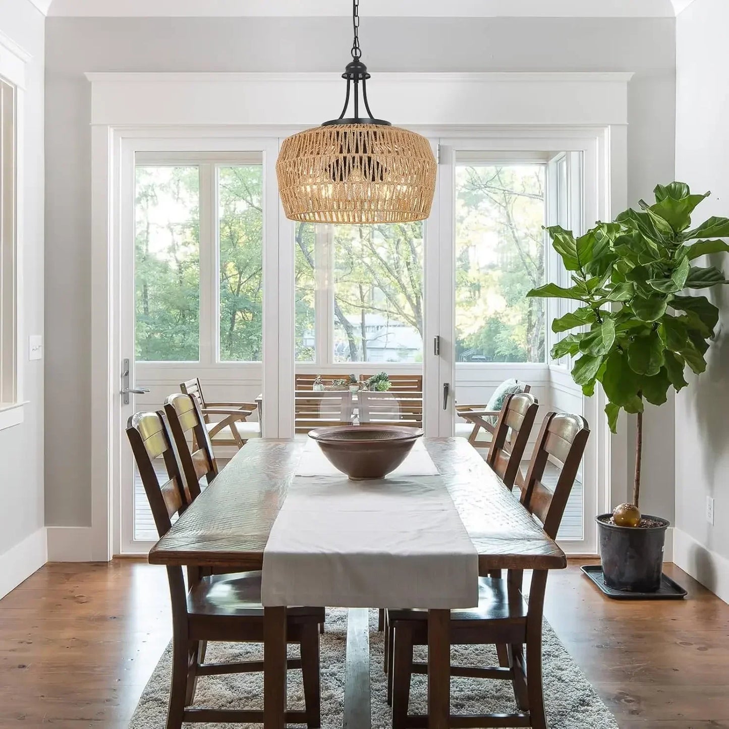 Farmhouse 5 Light Rattan Chandelier Dining Room Light Fixture