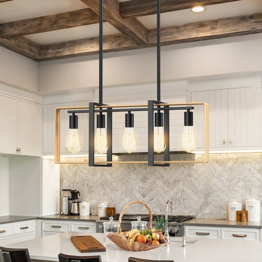 TWISTER.CK Five Light Rattan Pendant Ceiling Light Farmhouse