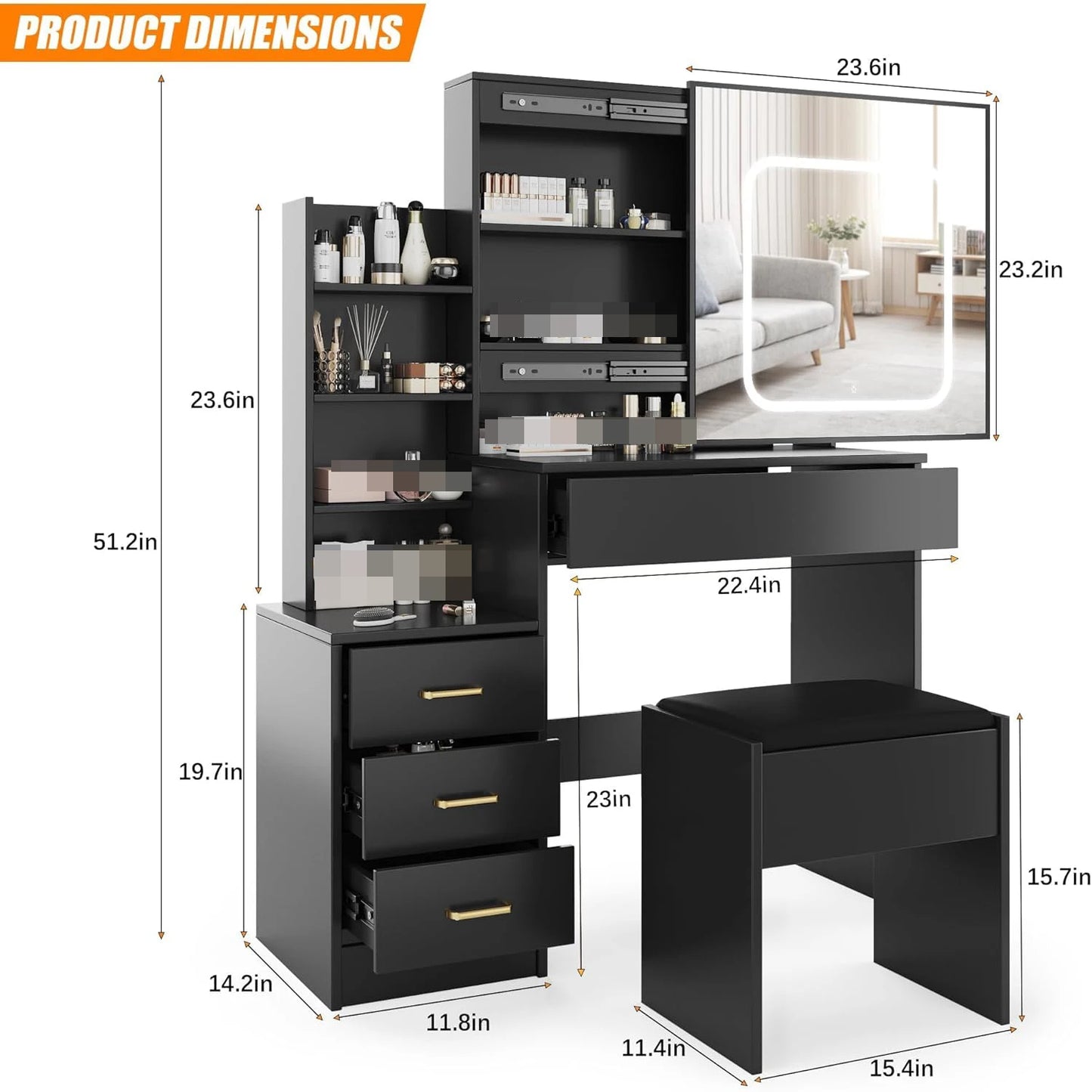 HiMISS Vanity Desk With Sliding Lighted Mirror And Storage