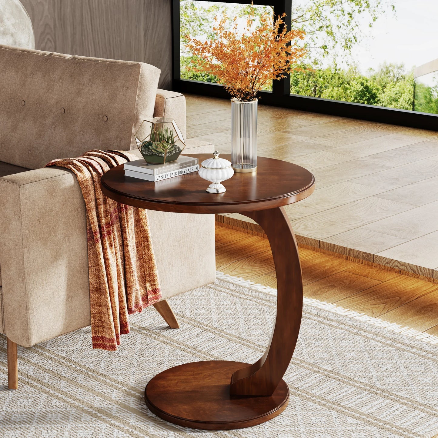 Tribesigns Round Wood C Shaped End Table Mid Century Style For Living Room