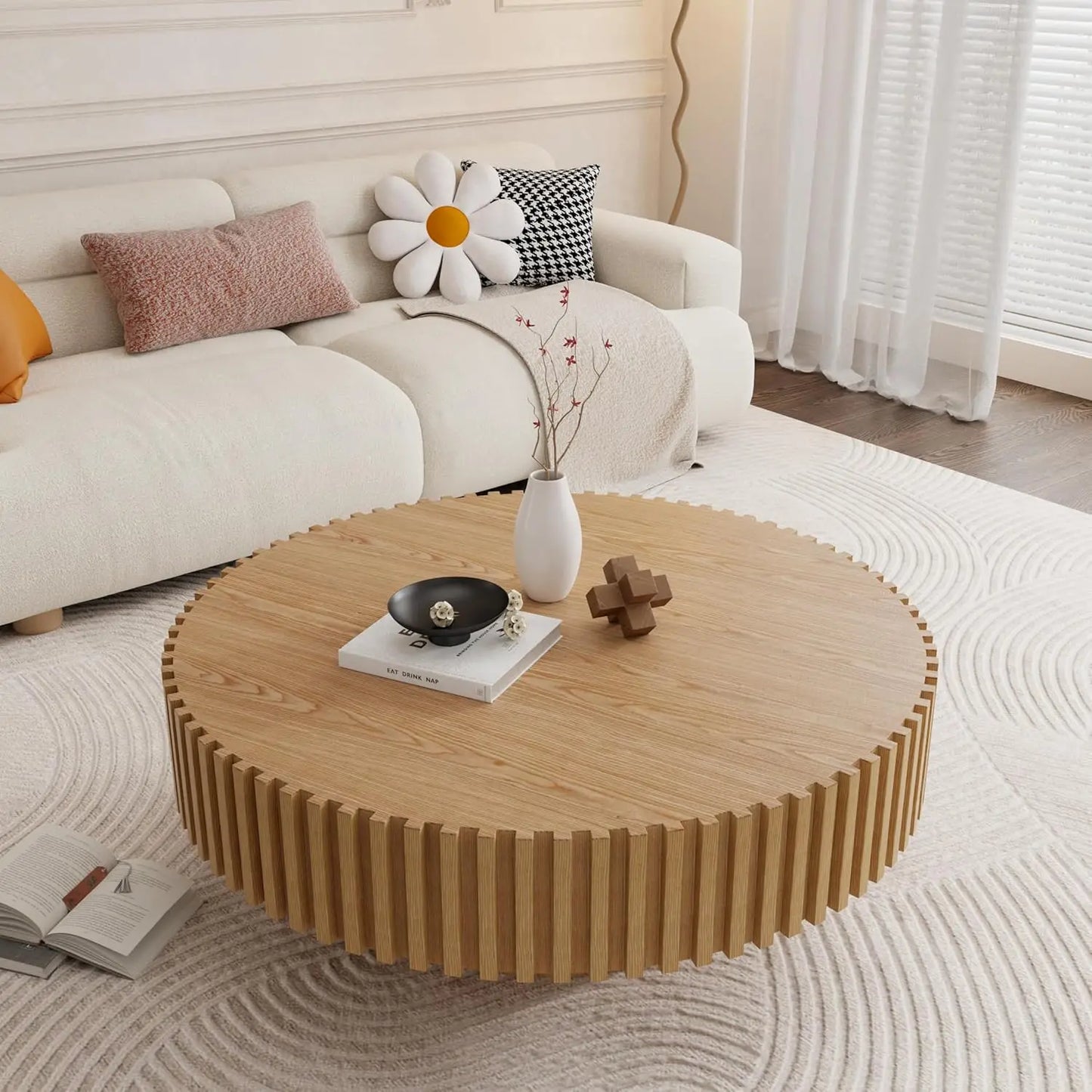 Oak Round Coffee Table Wood Modern Drum Fluted Circle