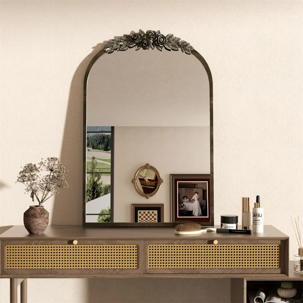 LUVODI Arched Wall Mirror With Metal Frame And Resin Rose Pattern