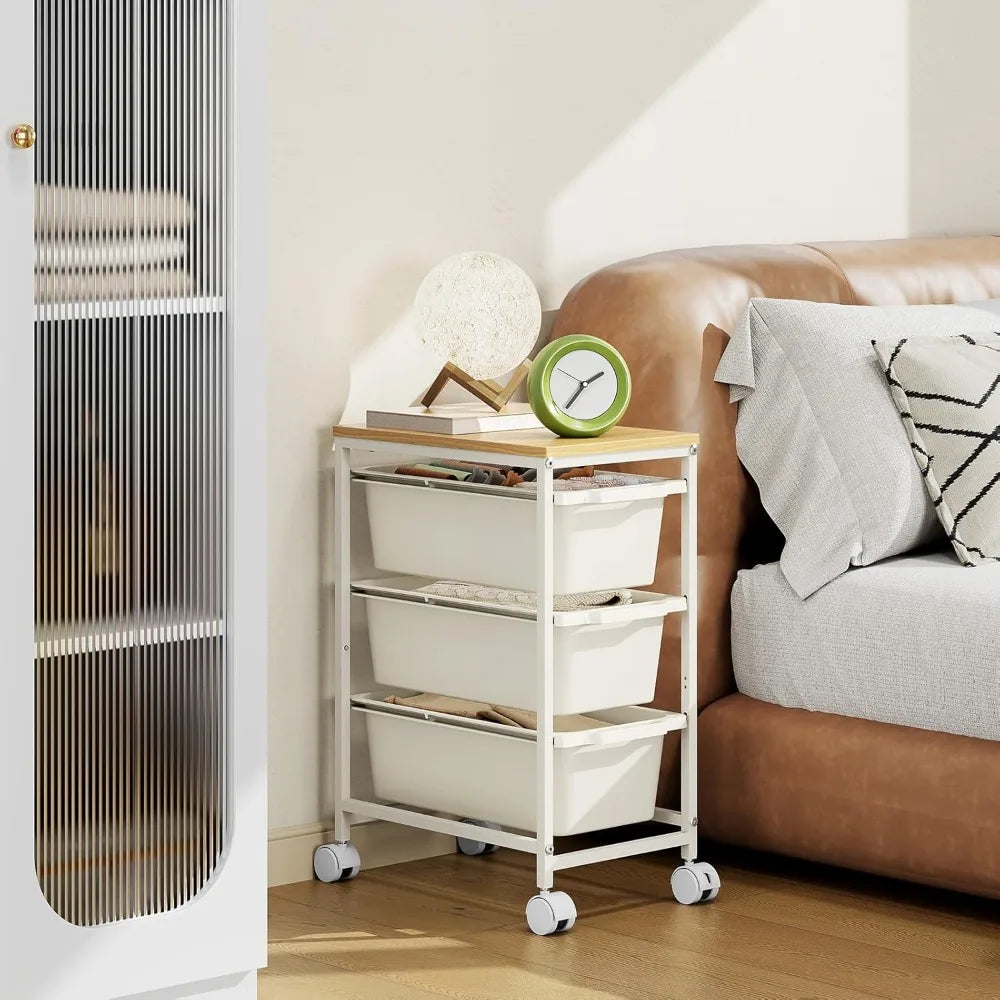 NBVCX Three Drawer Rolling Cart With Wood Top For Bedroom