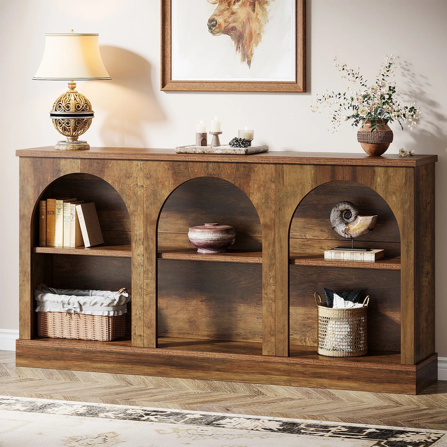 Tribesigns Wooden Farmhouse Console Table With Three Tier Storage