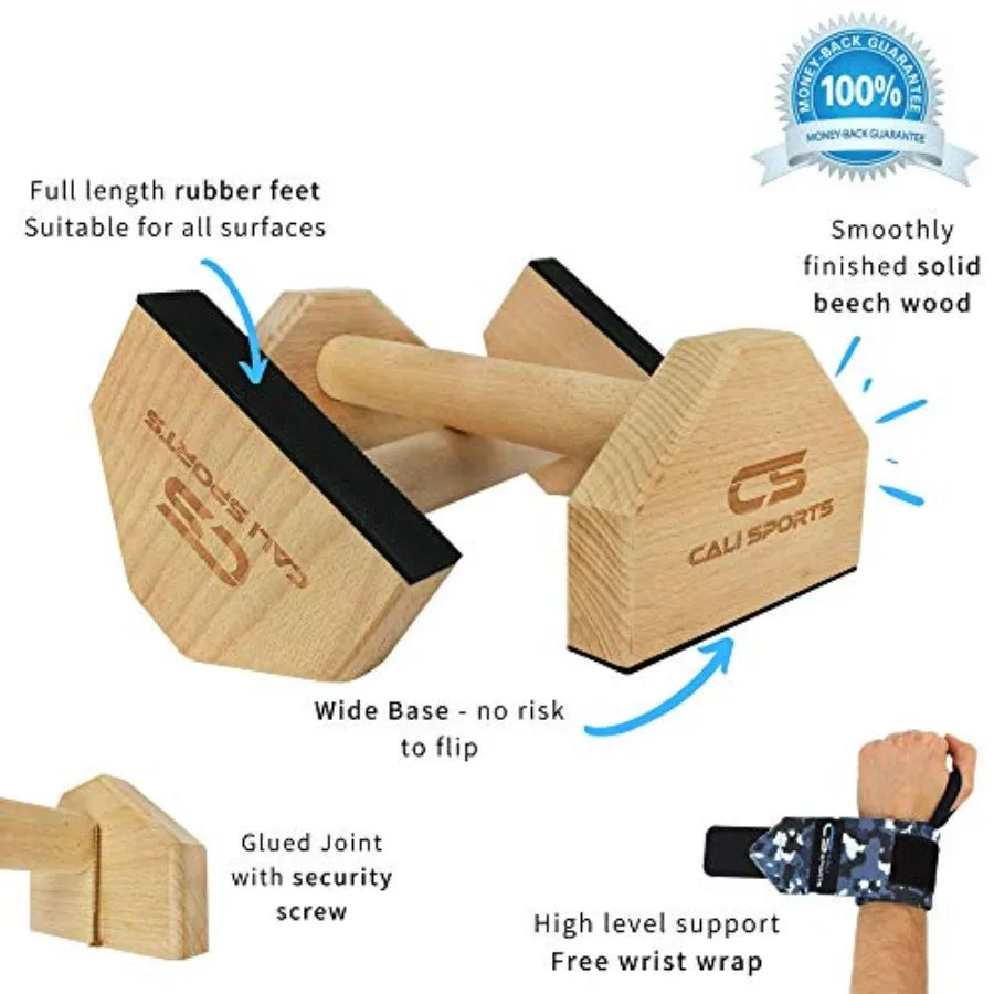 Calisthenics Wood Parallettes Push Up Bars Non Slip Wobble Wraps