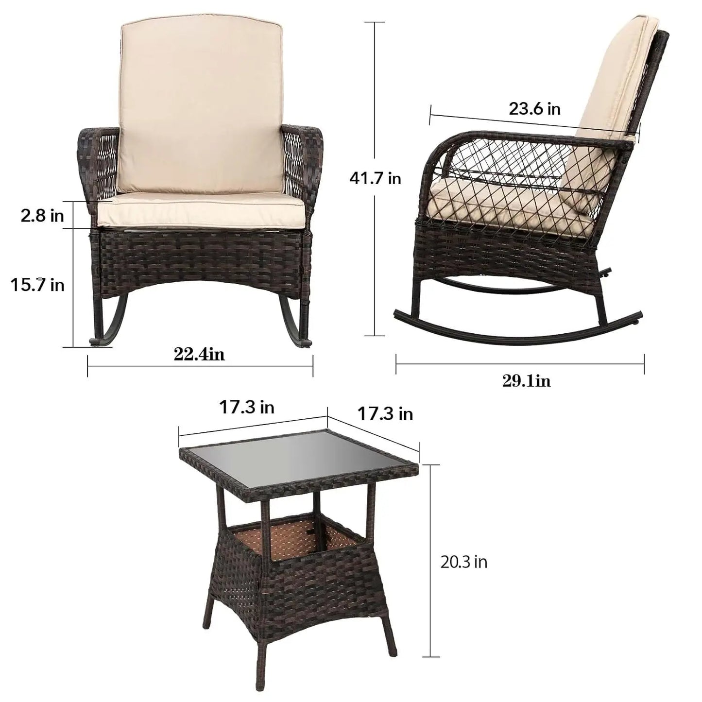 Outdoor 3 Piece Rocking Bistro Set With Glass Table PE Wicker