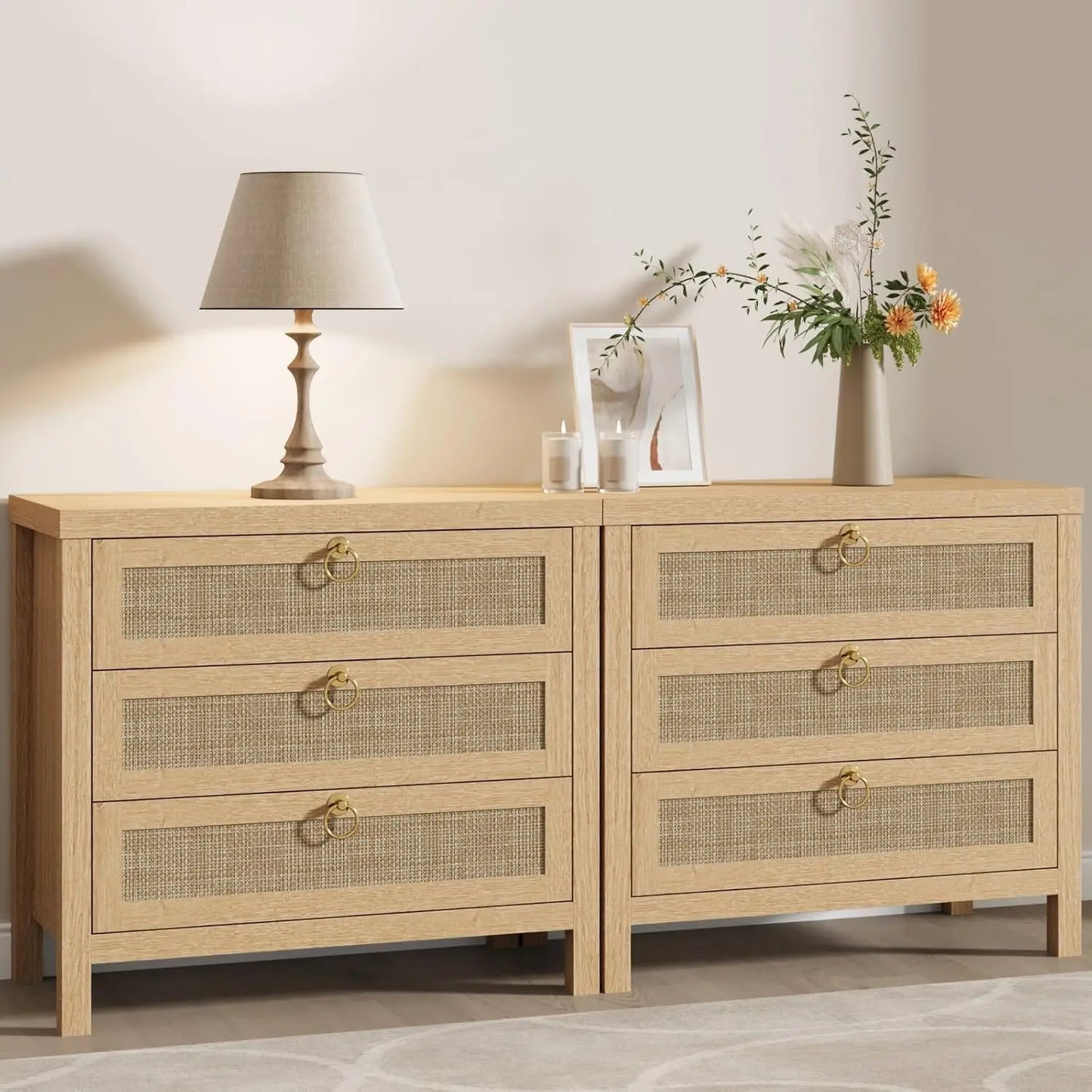 Rattan Nightstands Set of 2 Boho Style Bedroom End Tables