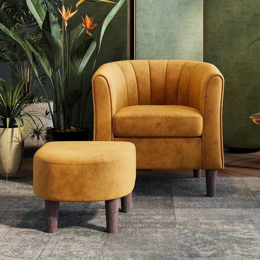 Velvet Accent Chair With Ottoman Modern Barrel Armchair