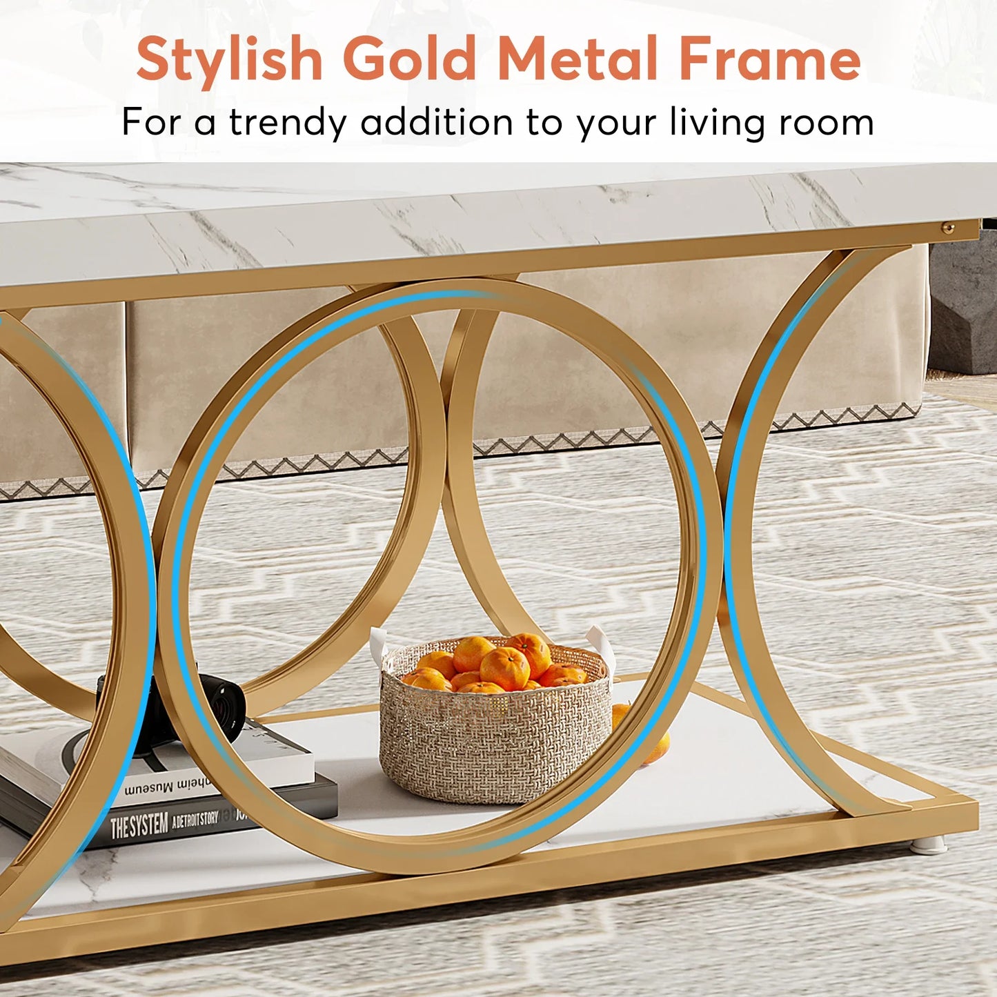 Tribesigns Rectangle Coffee Table Modern 2 Tier Faux Marble Wood
