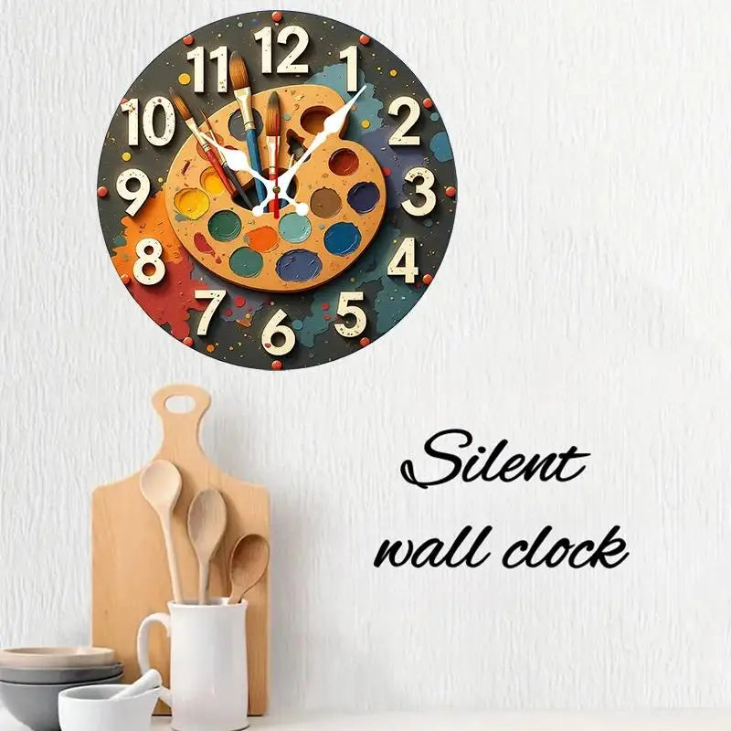 DIY 2D Flat Oil Painting Pattern Wooden Round Silent Wall Clock