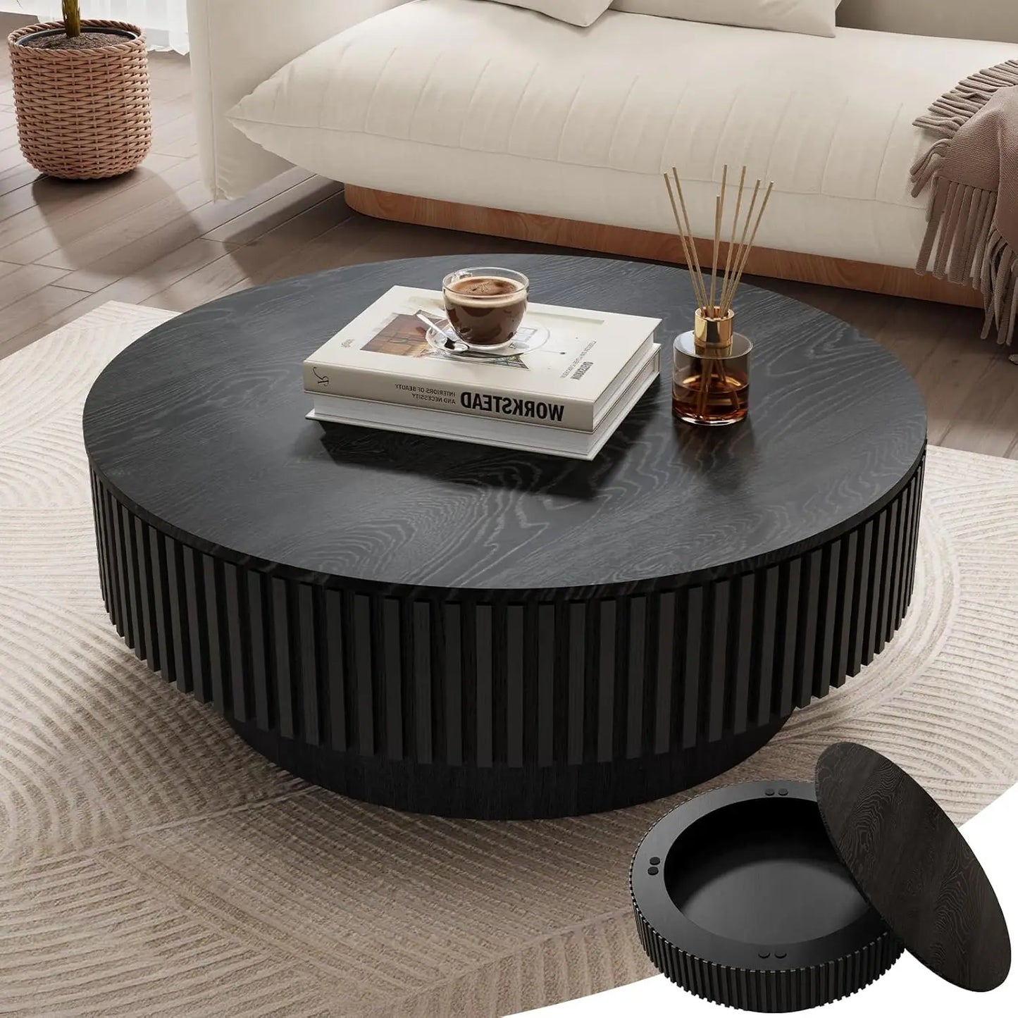 Oak Round Coffee Table Wood Modern Drum Fluted Circle