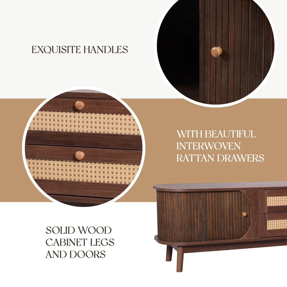 Rattan TV Stand Modern Farmhouse Media Console With Wood Legs