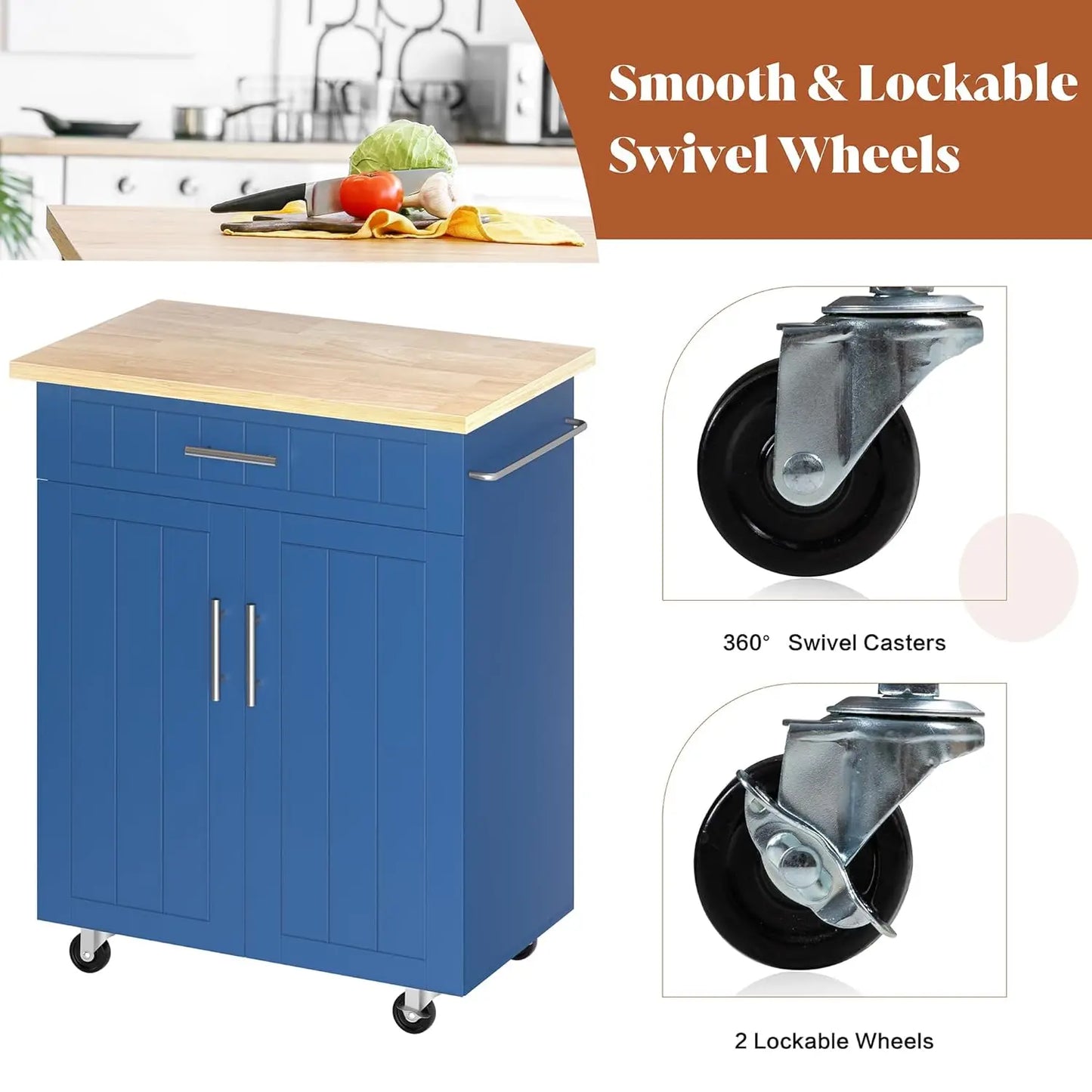 Rolling Kitchen Island Cart With Storage Cabinet And Towel Rack