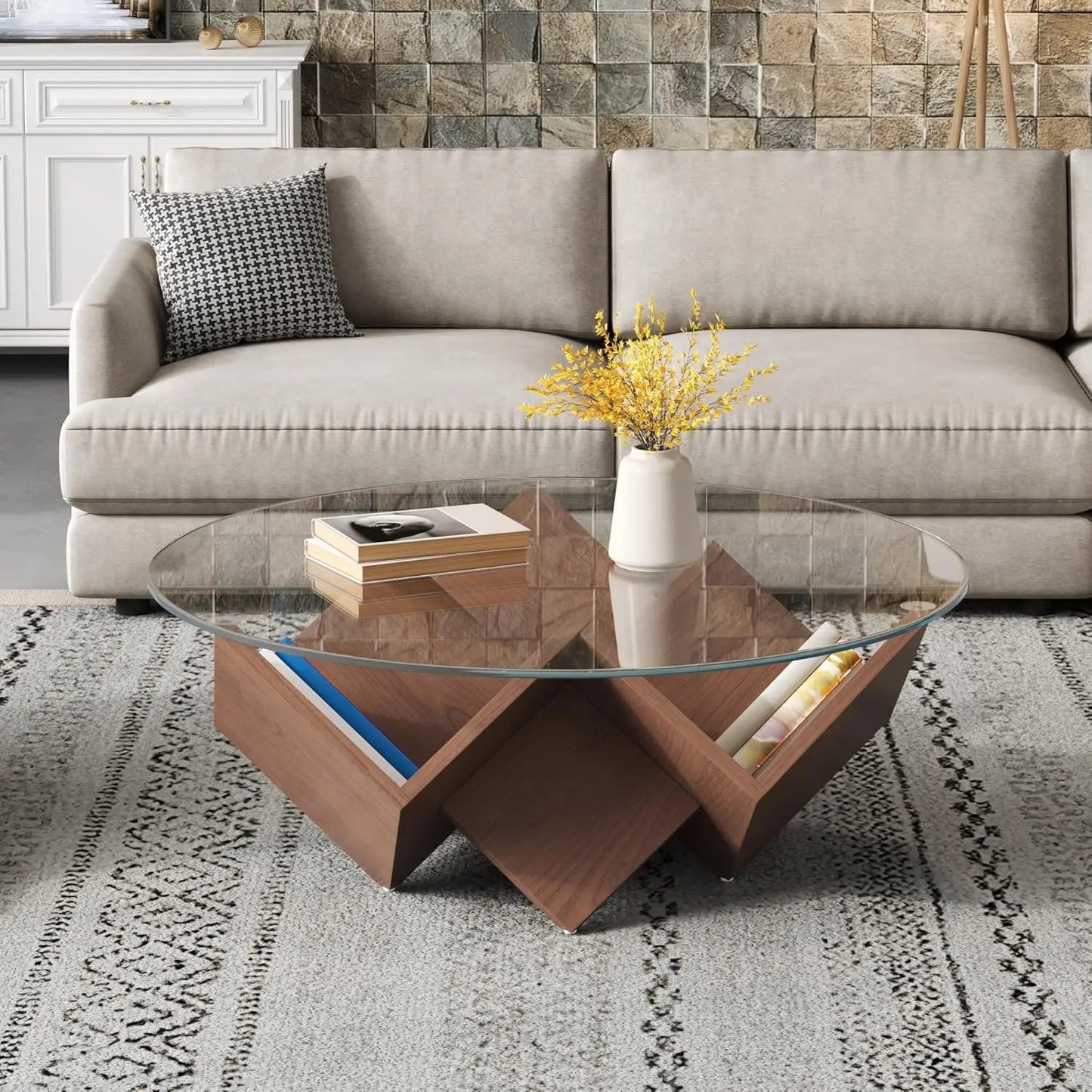 Rectangular Bamboo Coffee Table With Four Drawers And Metal Base
