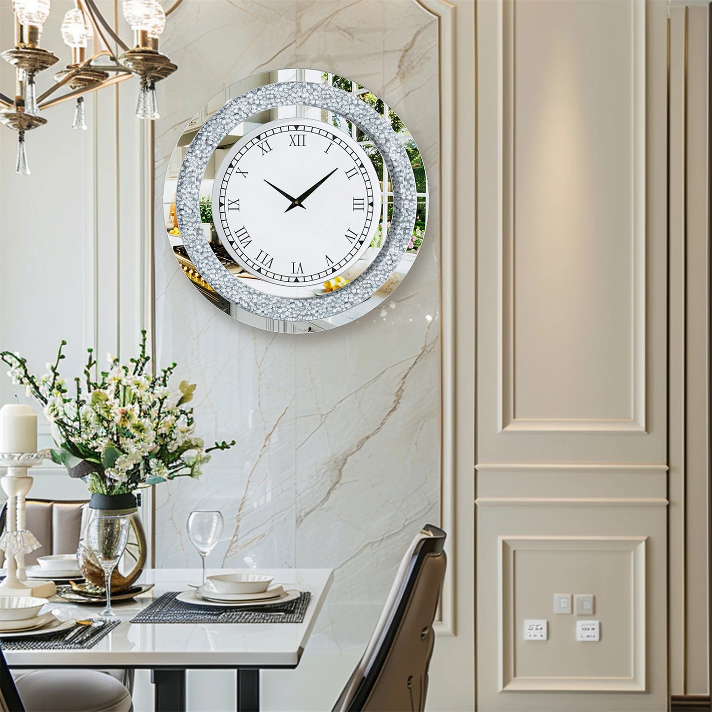 Round Mirrored Wall Clock With Crystals For Sparkling Decor