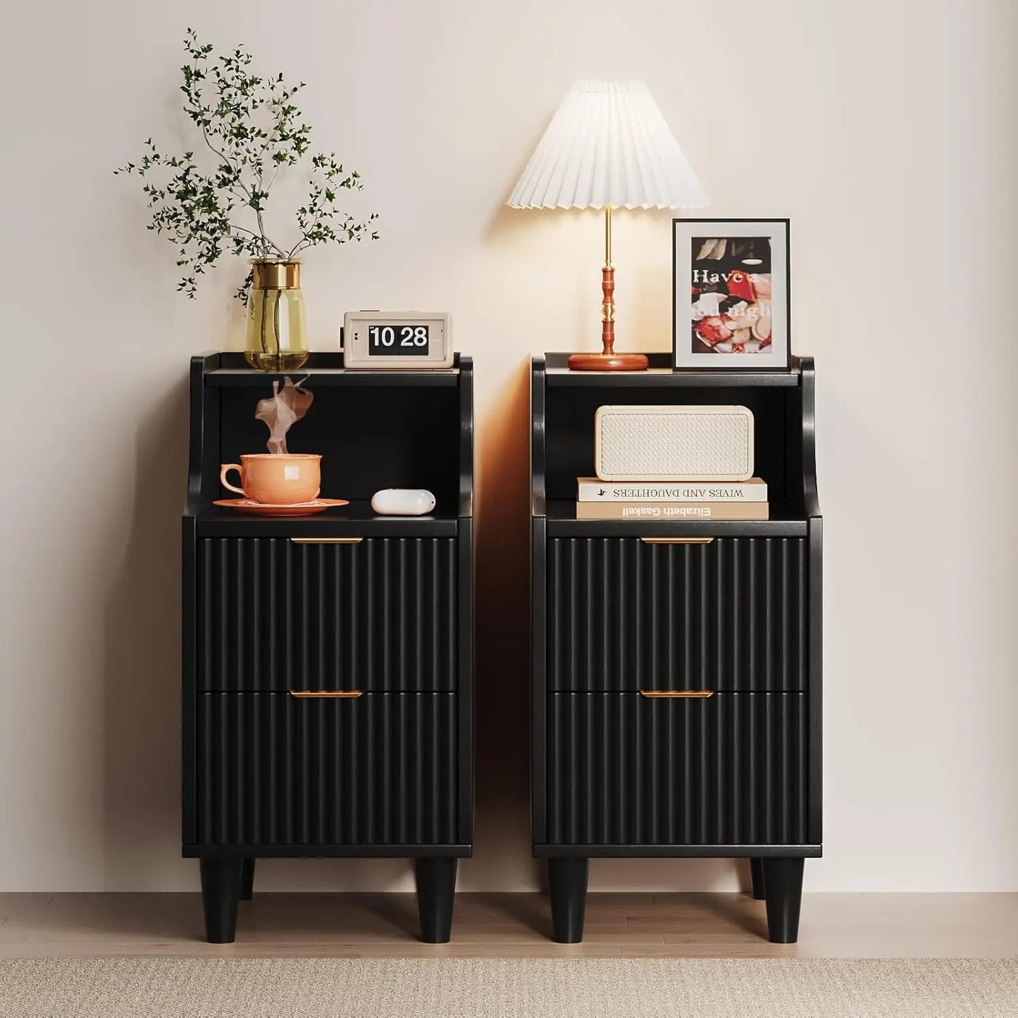 Frame Narrow Nightstand Set Of 2 With 2 Drawers Fluted