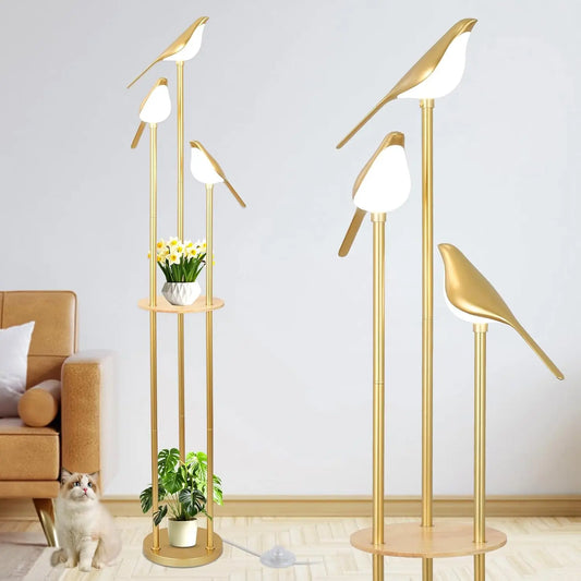 Modern Gold Floor Lamp With Adjustable LED Bird Lights And Wood Shelf