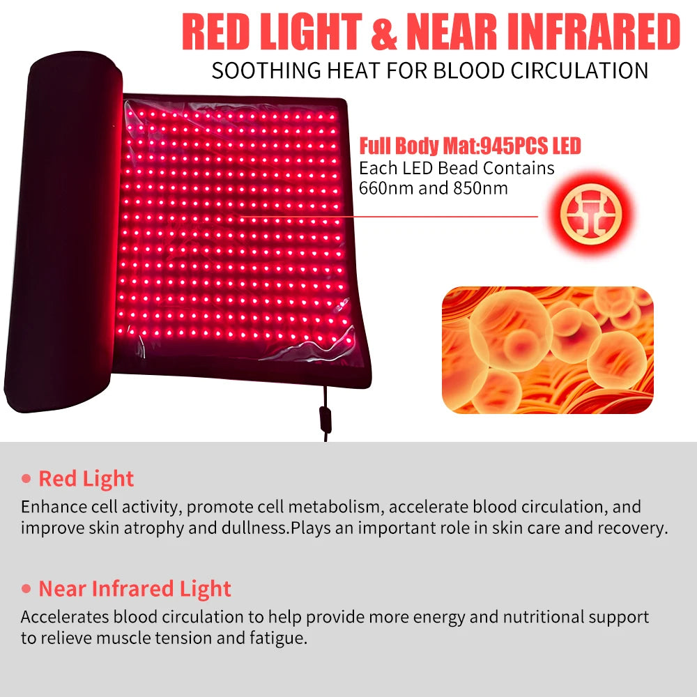 Full Body Red Light Therapy Mat 945 LEDs 660nm 850nm