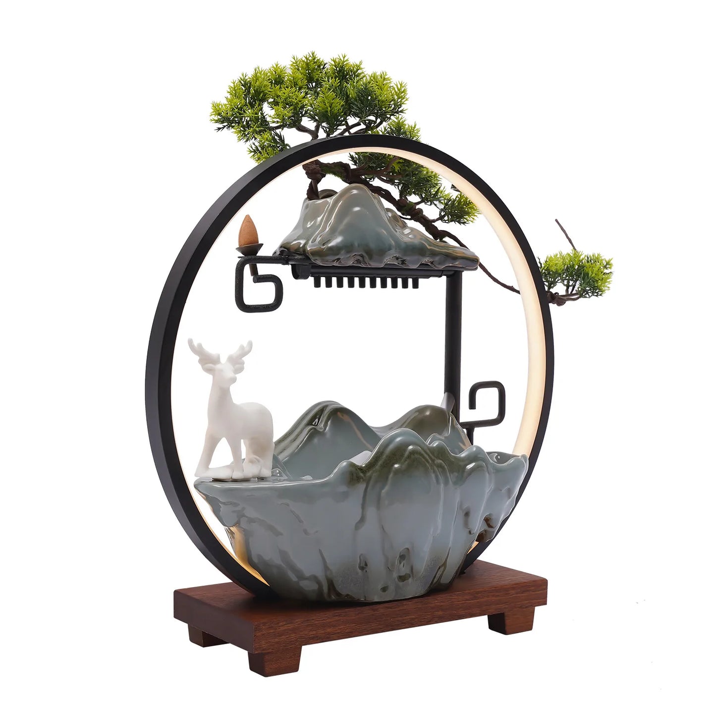 Ceramic Tabletop Fountain With LED Mist Deer Figurine Pine Branches